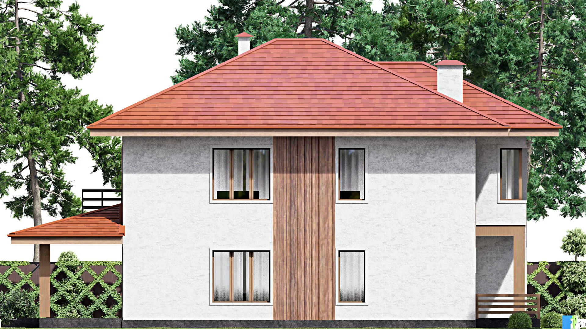 F-13859 - Планы двухэтажного дома 13 на 18, площадью 290 м² с террасой, балконом и 4 спальнями