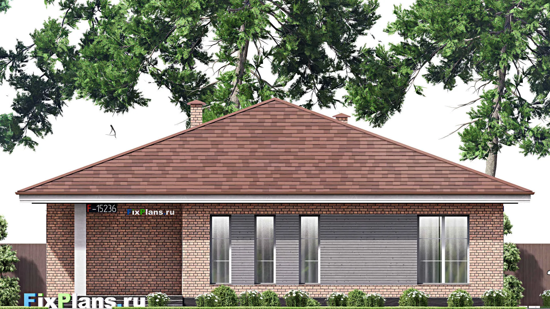 F-15236 - План одноэтажного дома 15 на 19, площадью 210 м² с террасой и 4 спальнями