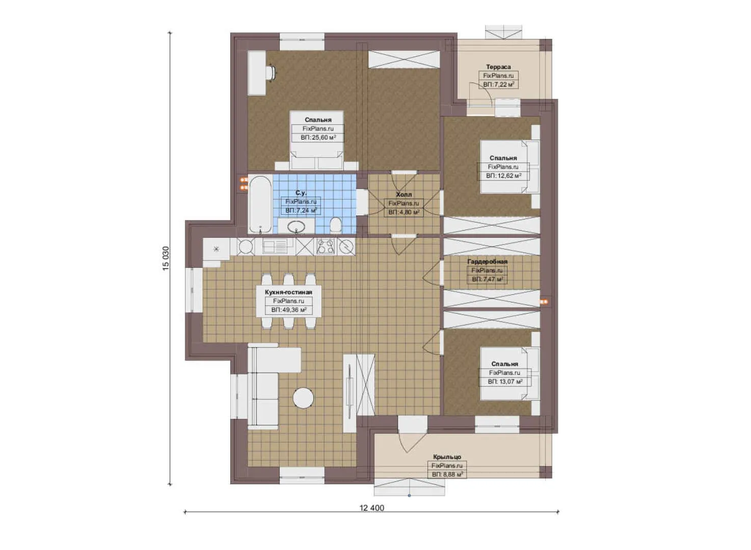 F-19727 - План одноэтажного дома 13 на 16, площадью 140 м² с террасой и 3 спальнями