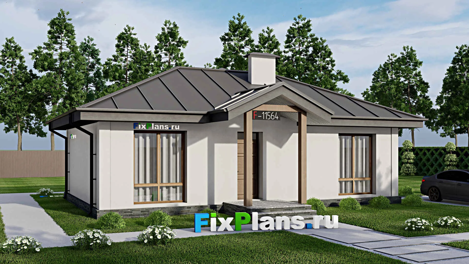 F-11564 - Проект одноэтажного дома 12 на 12, площадью 90 м² с террасой и 2 спальнями