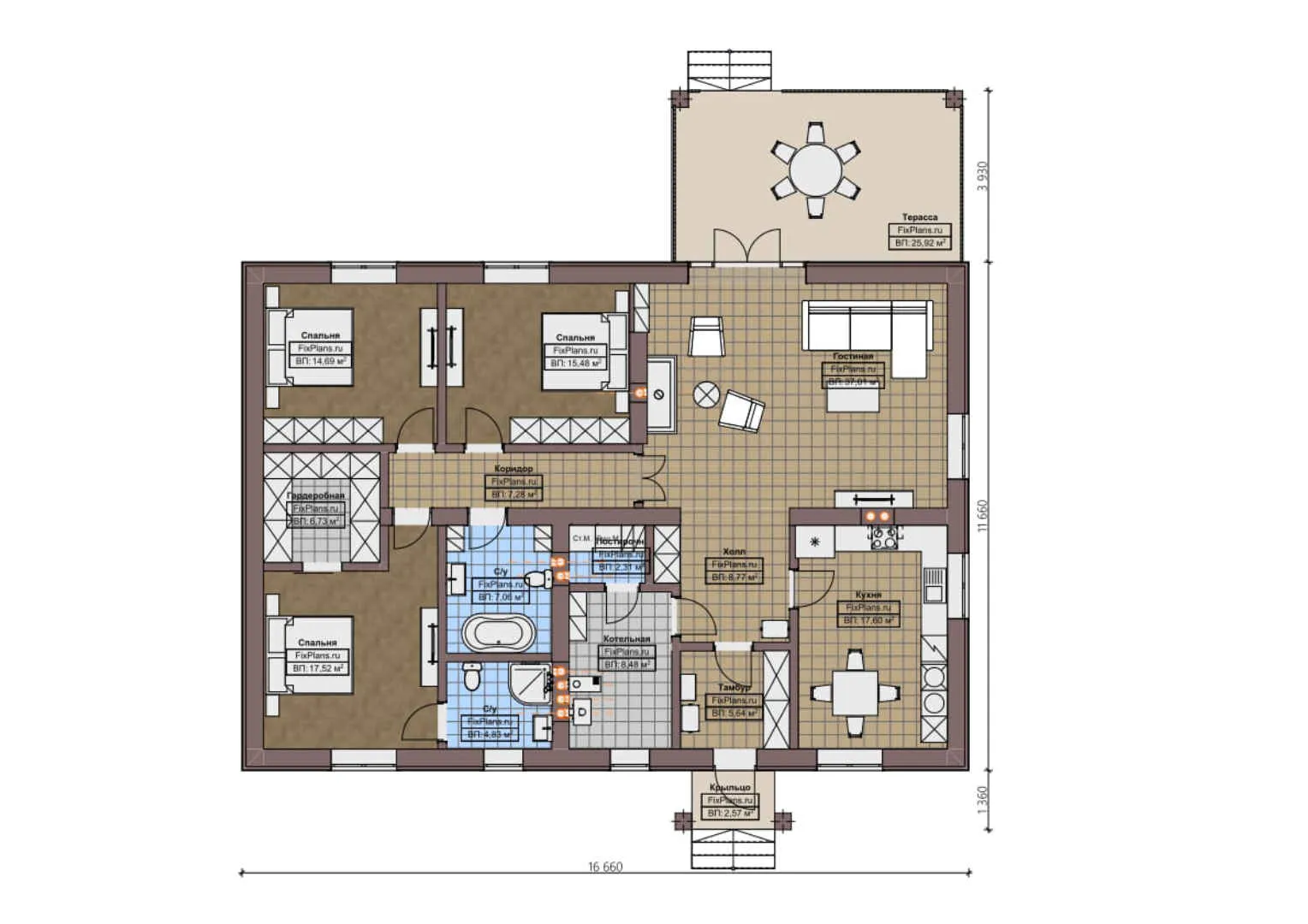 F-0935 - План одноэтажного дома 12 на 17, площадью 190 м² с террасой и 3 спальнями