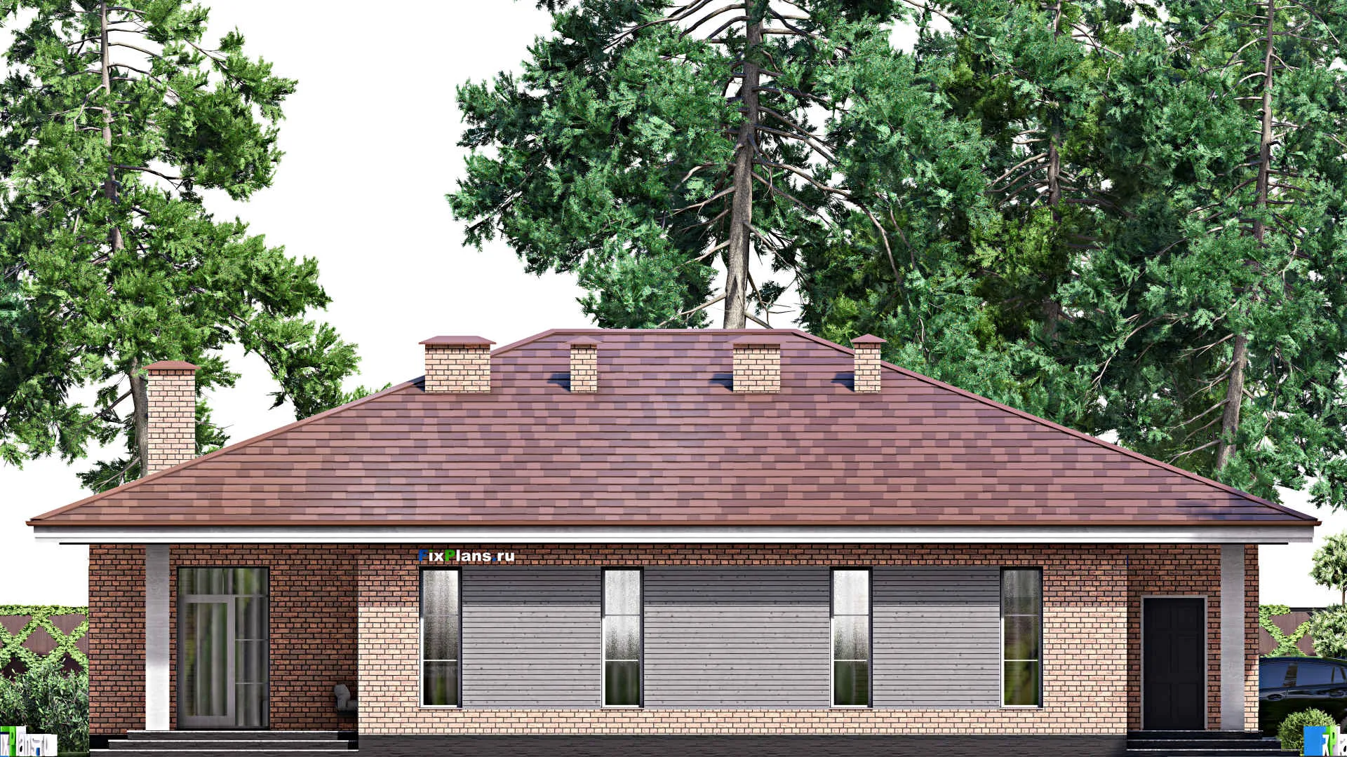 F-15236 - План одноэтажного дома 15 на 19, площадью 210 м² с террасой и 4 спальнями