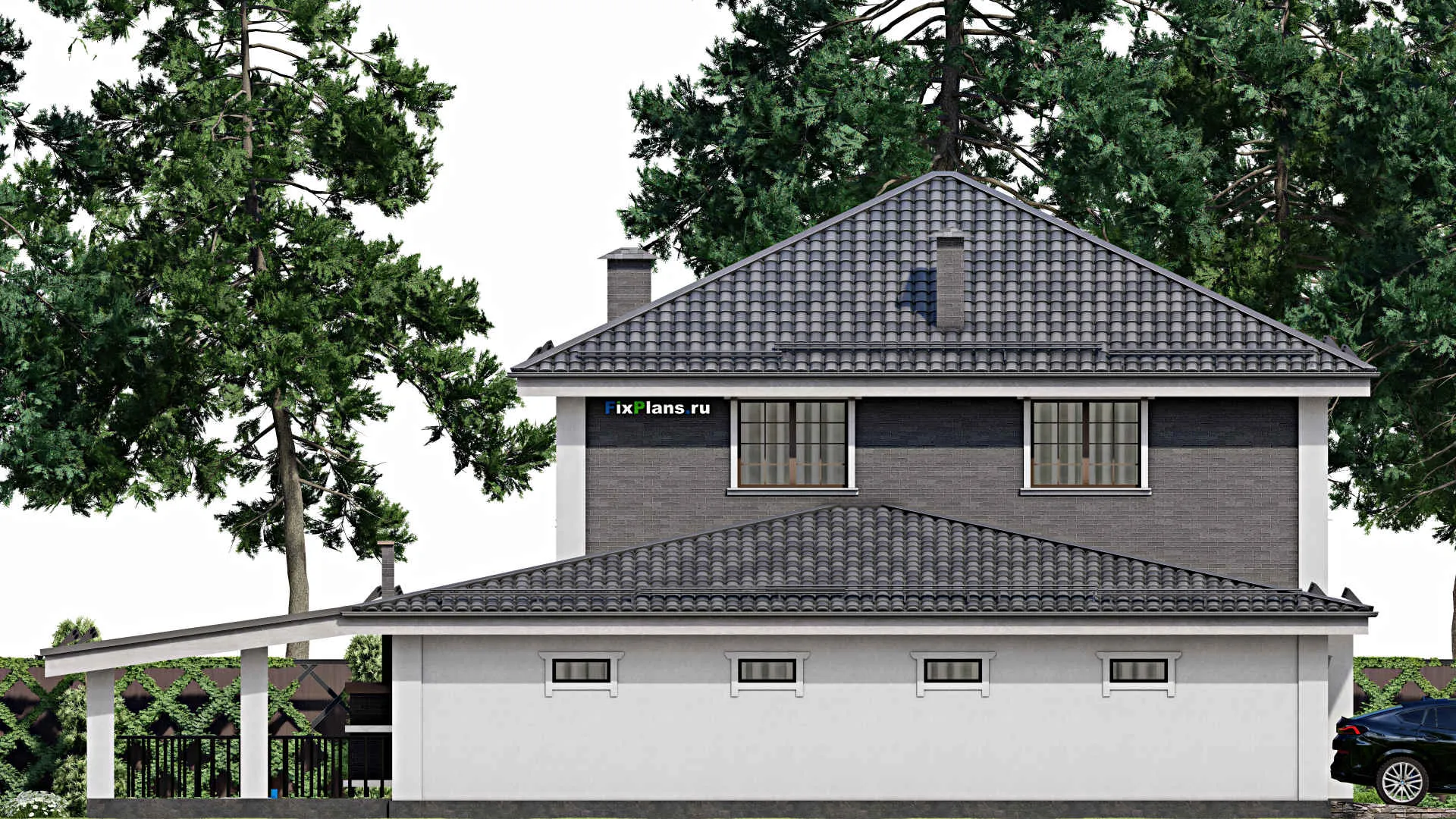 F-12356 - Планы двухэтажного дома 18 на 19, площадью 320 м² с террасой, гаражом на 2 машины и 3 спальнями