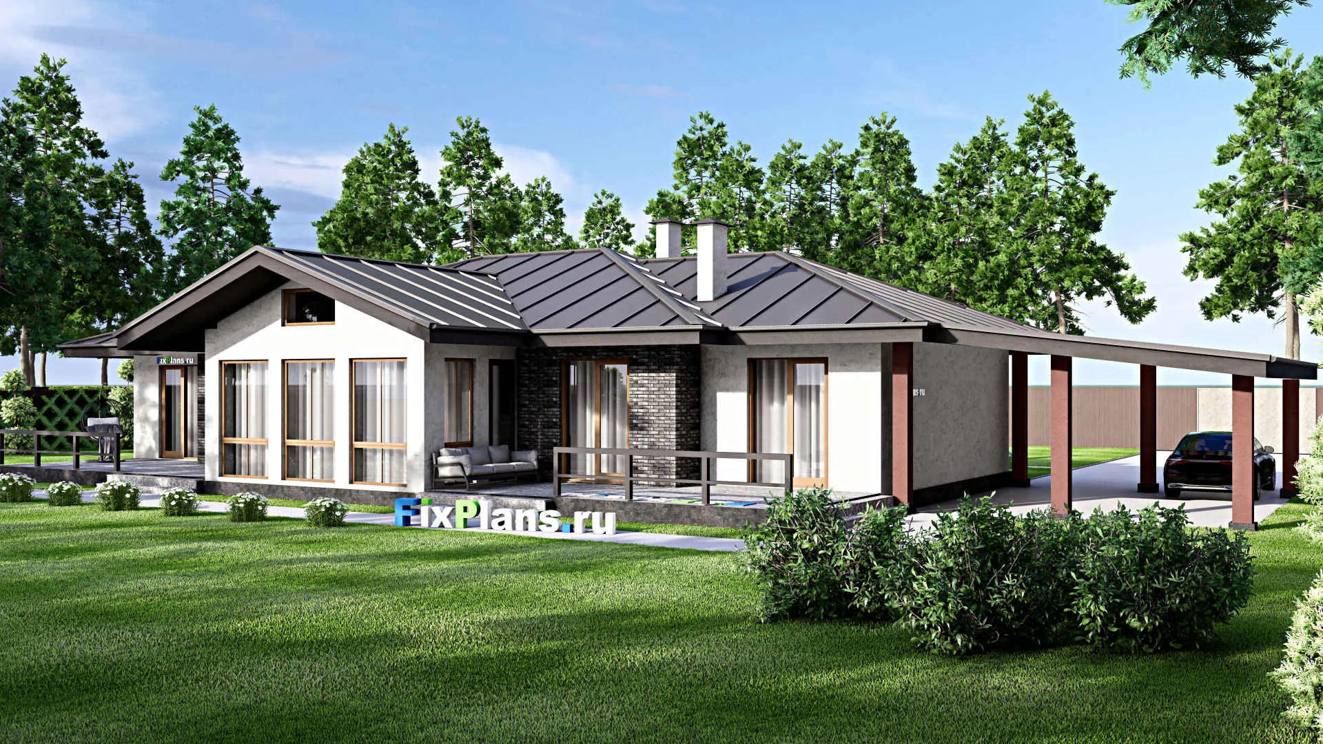 F-15182 - Проект одноэтажного дома 16 на 23, площадью 270 м² с террасой и 5 спальнями