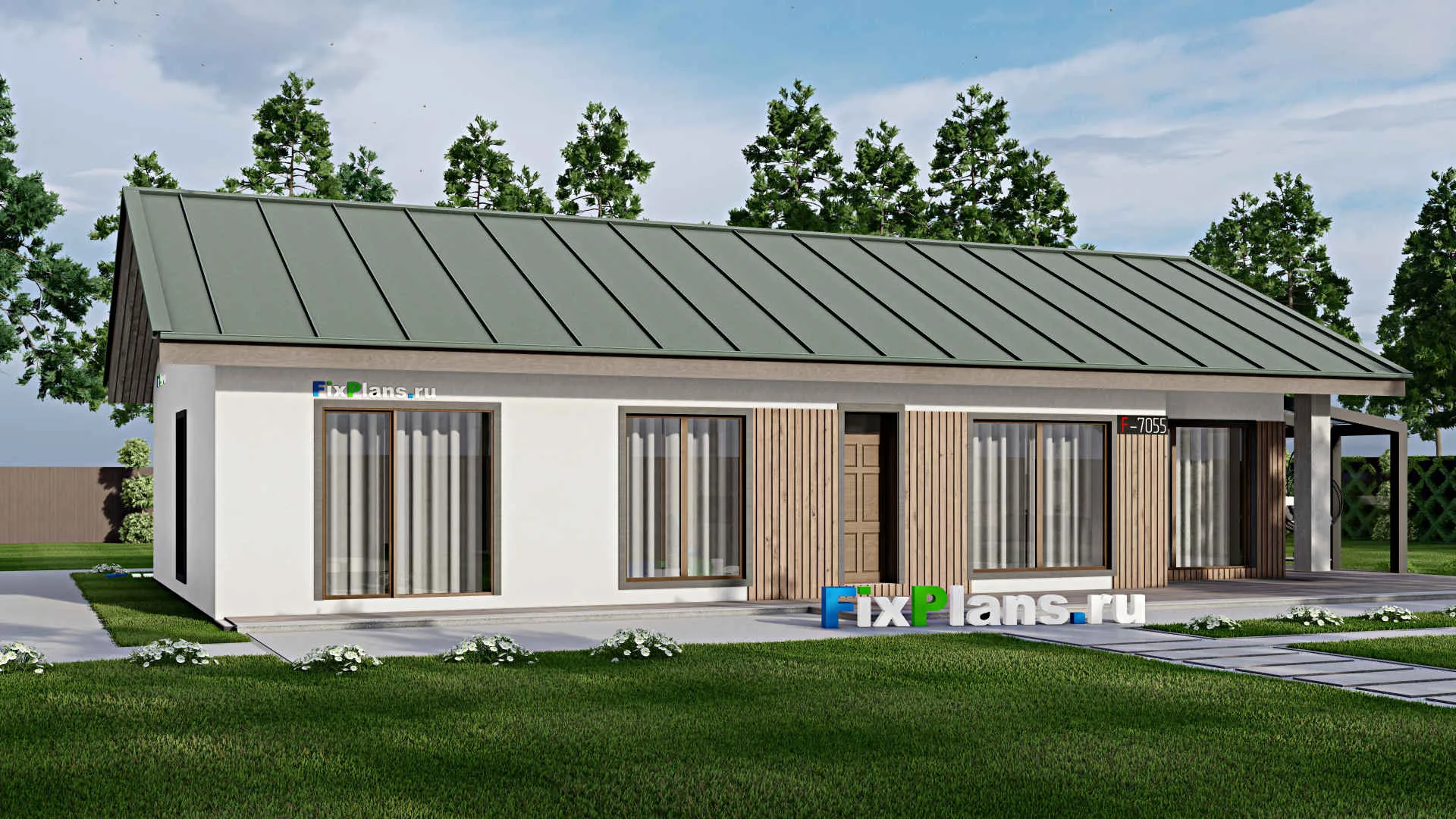 F-7055 - Проект одноэтажного дома 13 на 21, площадью 190 м² с террасой, баней и 3 спальнями