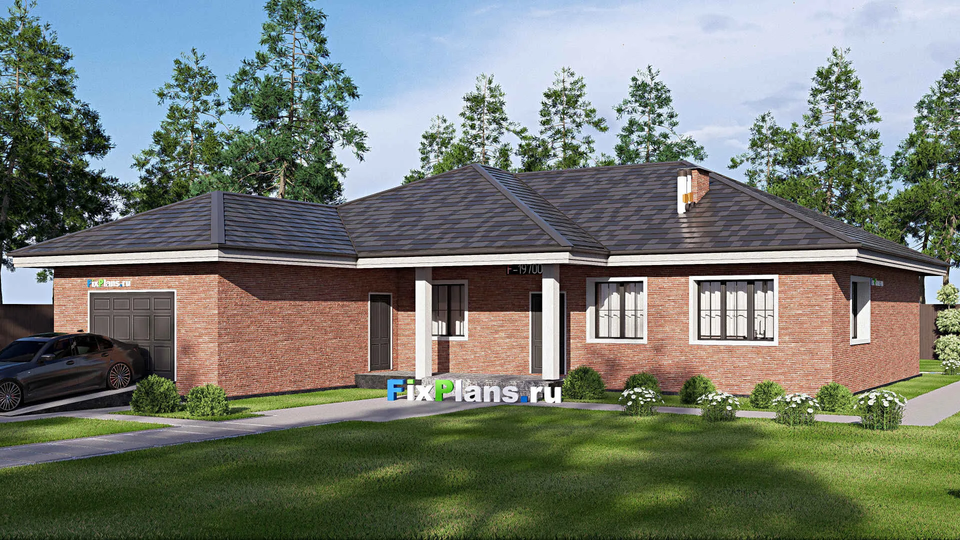 F-19700 - Проект одноэтажного дома 18 на 19, площадью 200 м² с террасой, гаражом на 2 машины и 2 спальнями