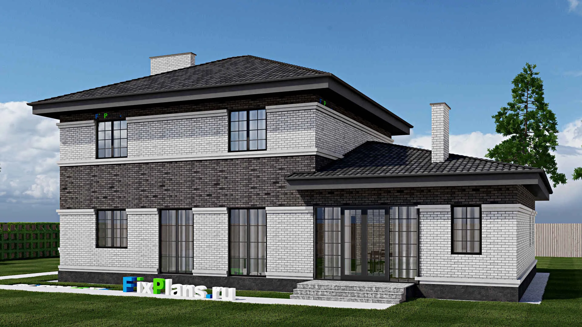 F-1772 - Планы двухэтажного дома 12 на 17, площадью 240 м² с террасой, гаражом на 2 машины и 4 спальнями