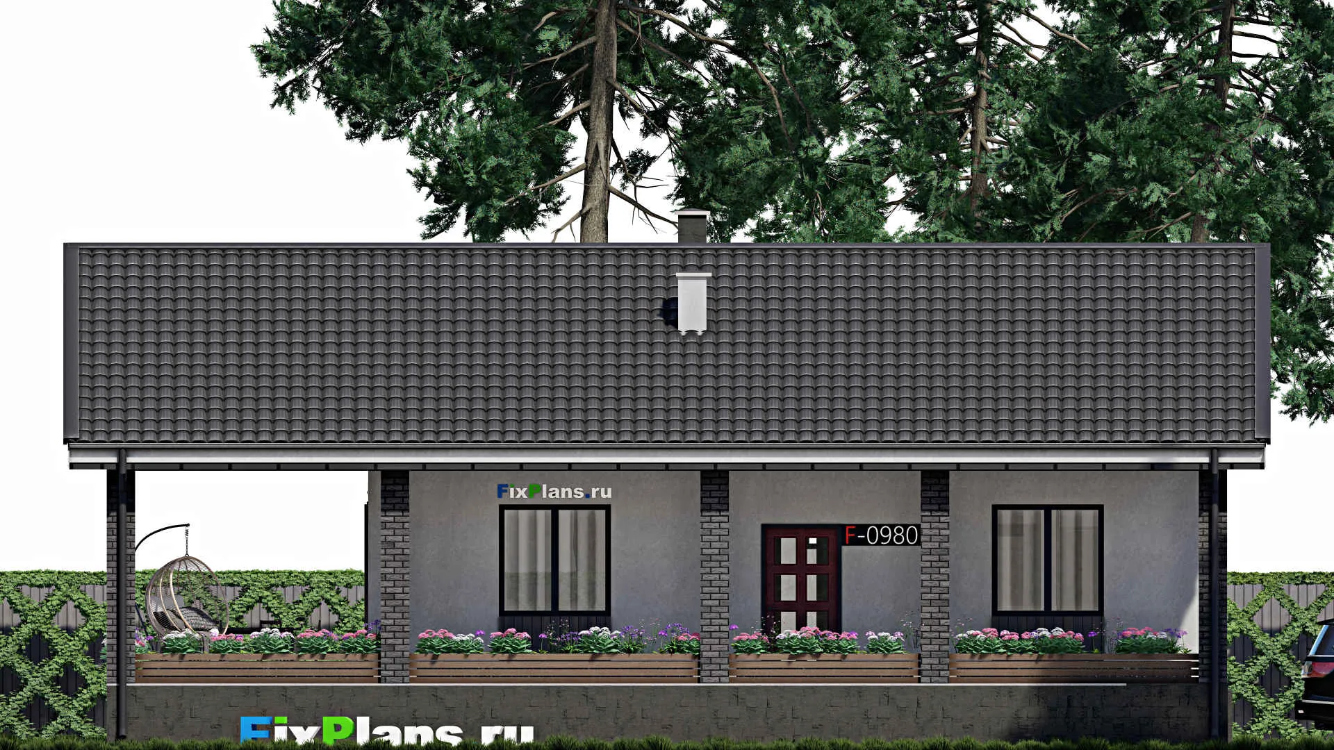 F-0980 - План одноэтажного дома 9 на 12, площадью 120 м² с террасой и 2 спальнями