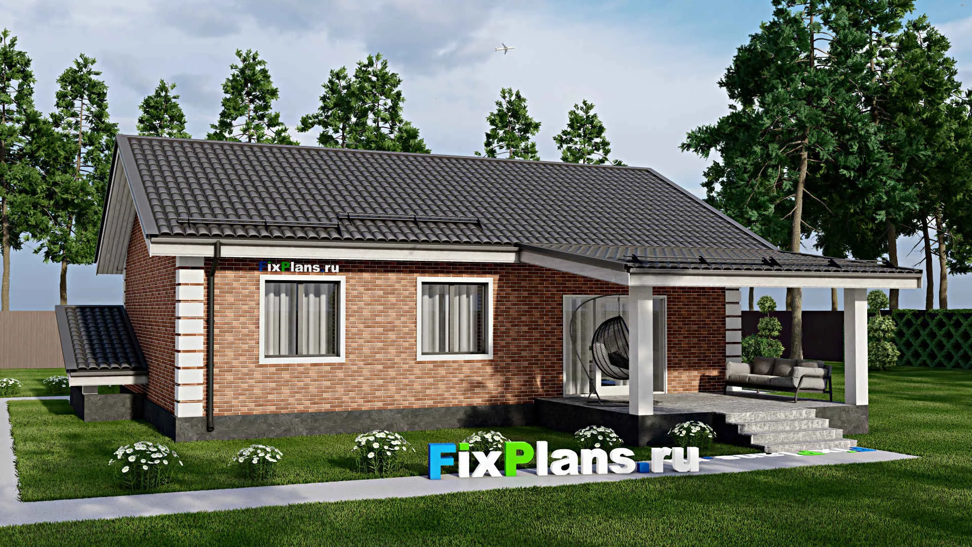 F-4175 - План одноэтажного дома 10 на 13, площадью 120 м² с террасой и 3 спальнями