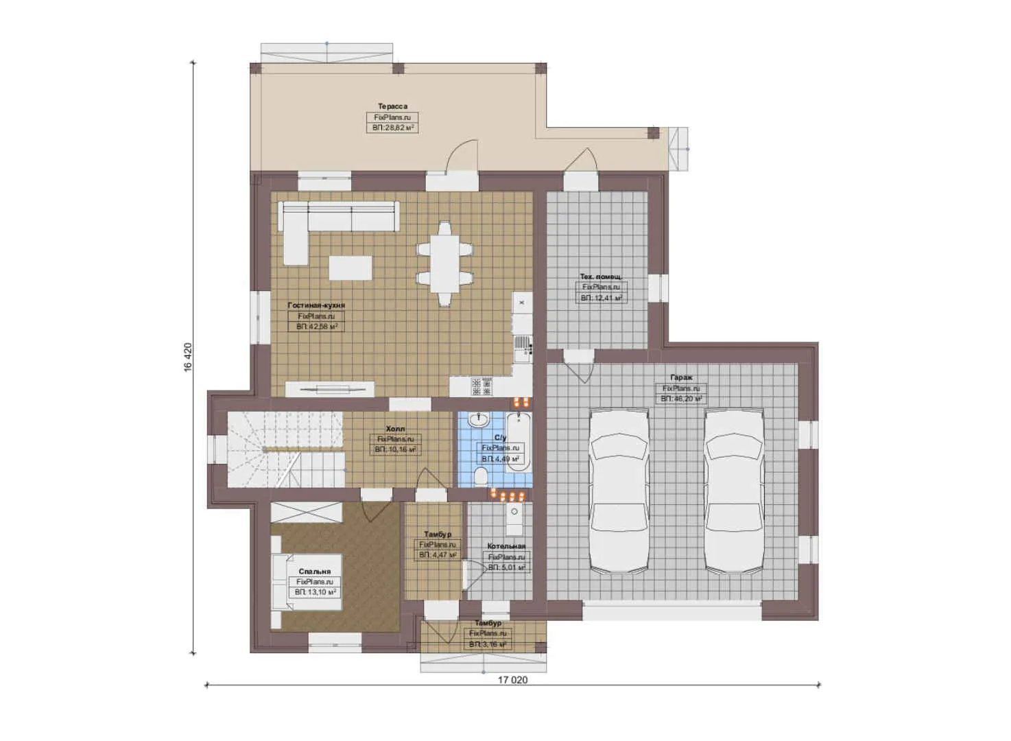 F-17963 - Планы двухэтажного дома 17 на 18, площадью 250 м² с террасой, гаражом на 2 машины и 4 спальнями