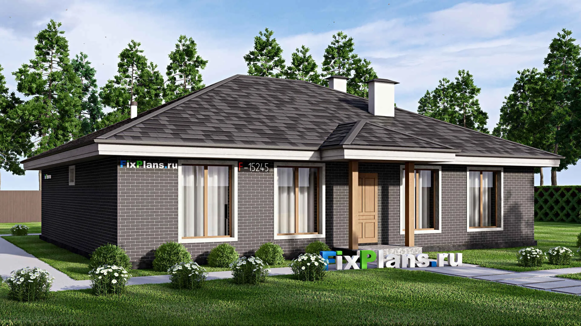 F-15245 - Проект одноэтажного дома 16 на 16, площадью 170 м² с террасой и 4 спальнями