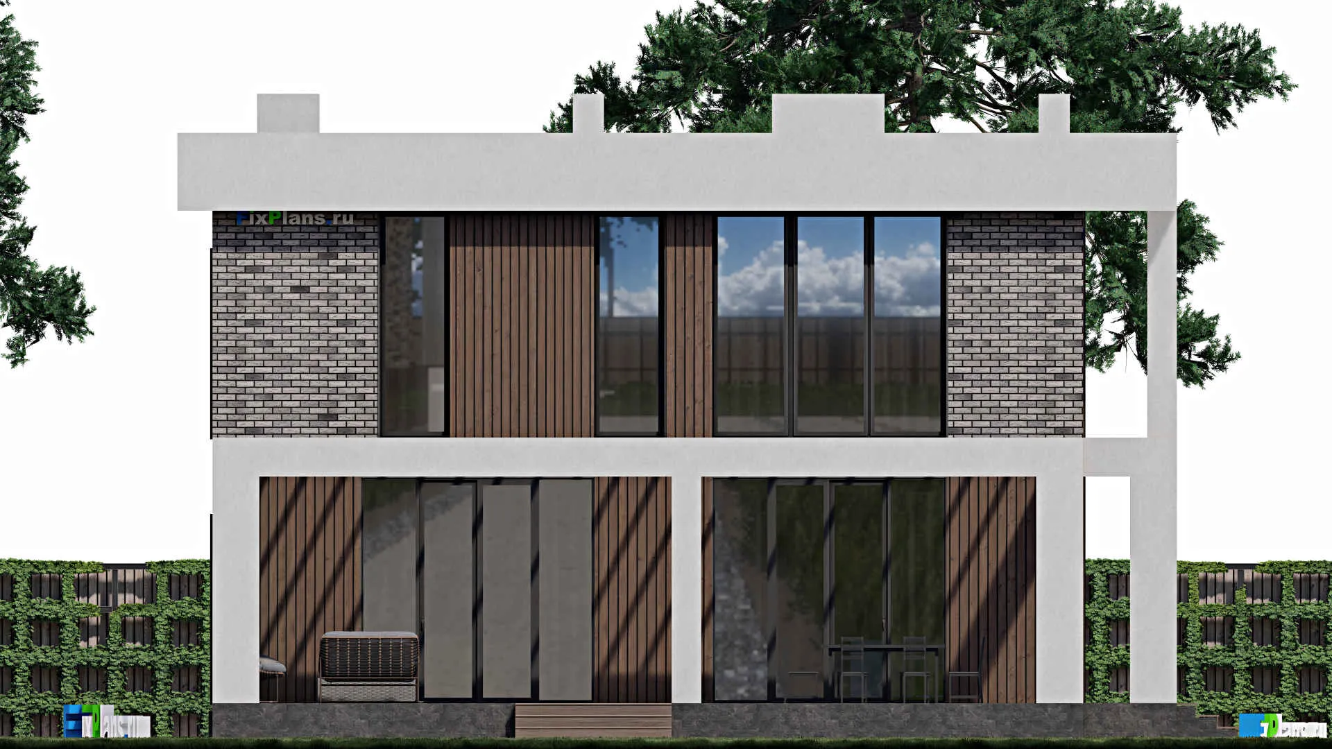 F-1412 - Планы двухэтажного дома 12 на 13, площадью 250 м² с террасой, баней и 5 спальнями