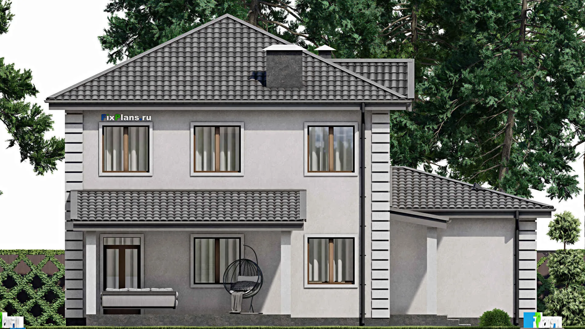 F-8567 - Проект двухэтажного дома 15 на 17, площадью 220 м² с террасой, гаражом на 2 машины и 4 спальнями