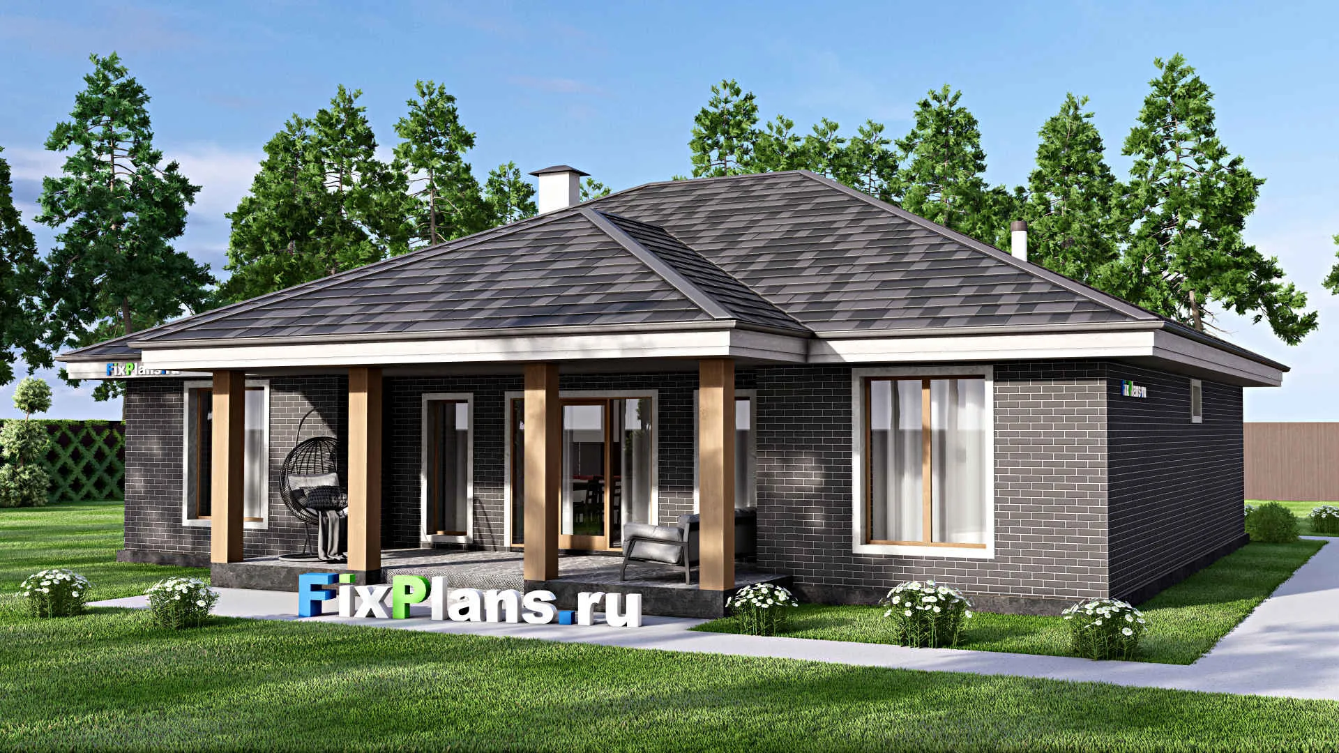 F-15245 - Проект одноэтажного дома 16 на 16, площадью 170 м² с террасой и 4 спальнями