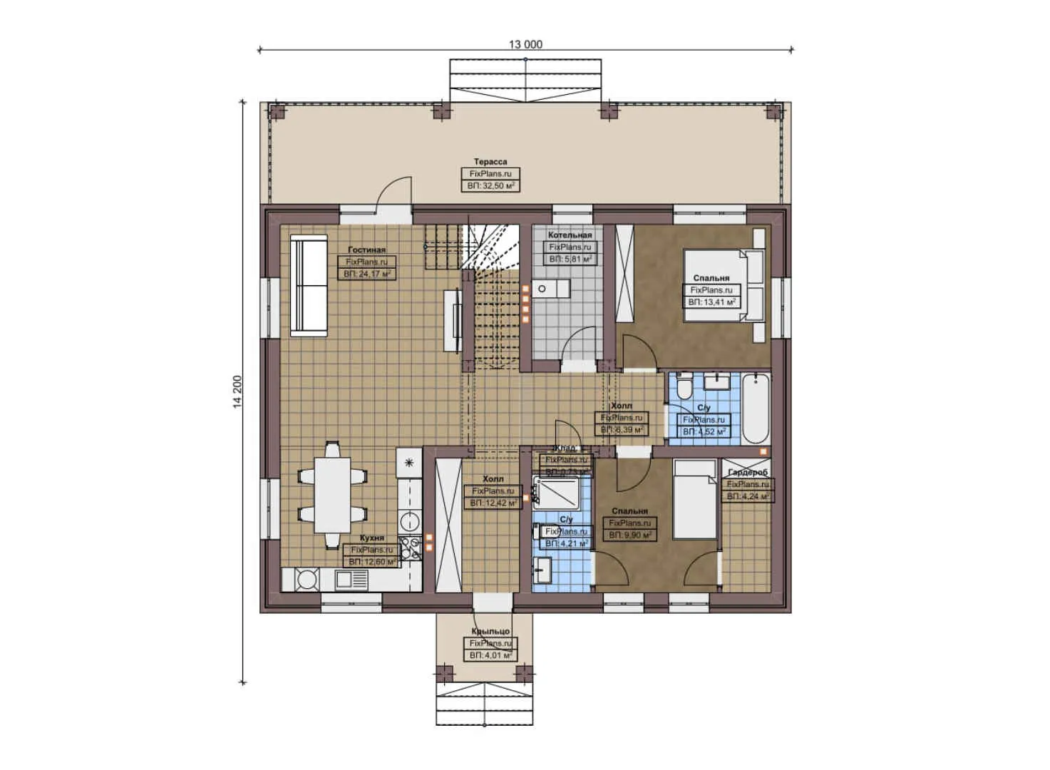 F-7118 - Планы дома с мансардой 13 на 15, площадью 240 м² с террасой и 5 спальнями