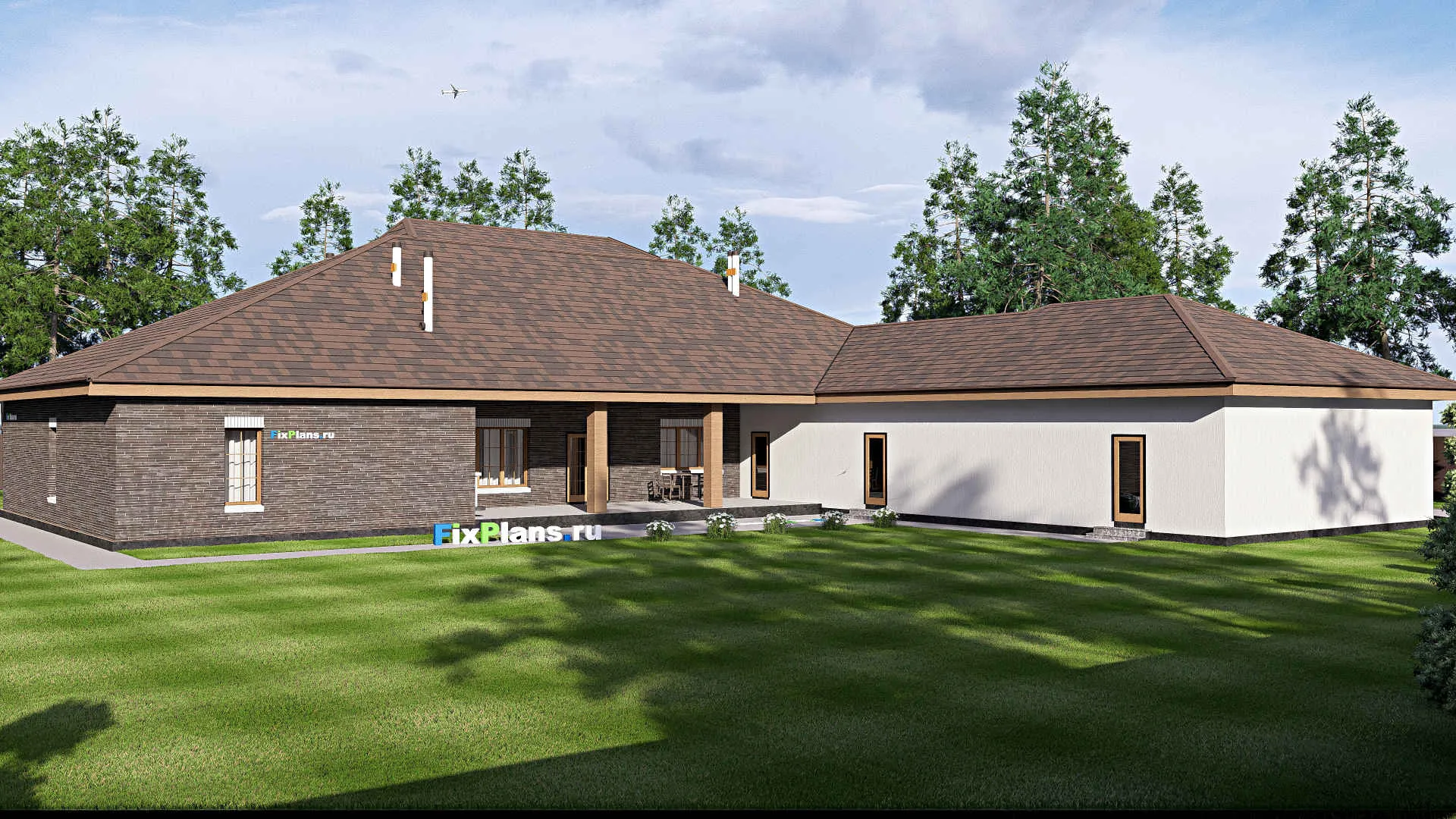 F-19925 - План одноэтажного дома 31 на 31, площадью 470 м² с террасой, гаражом на 2 машины и 4 спальнями