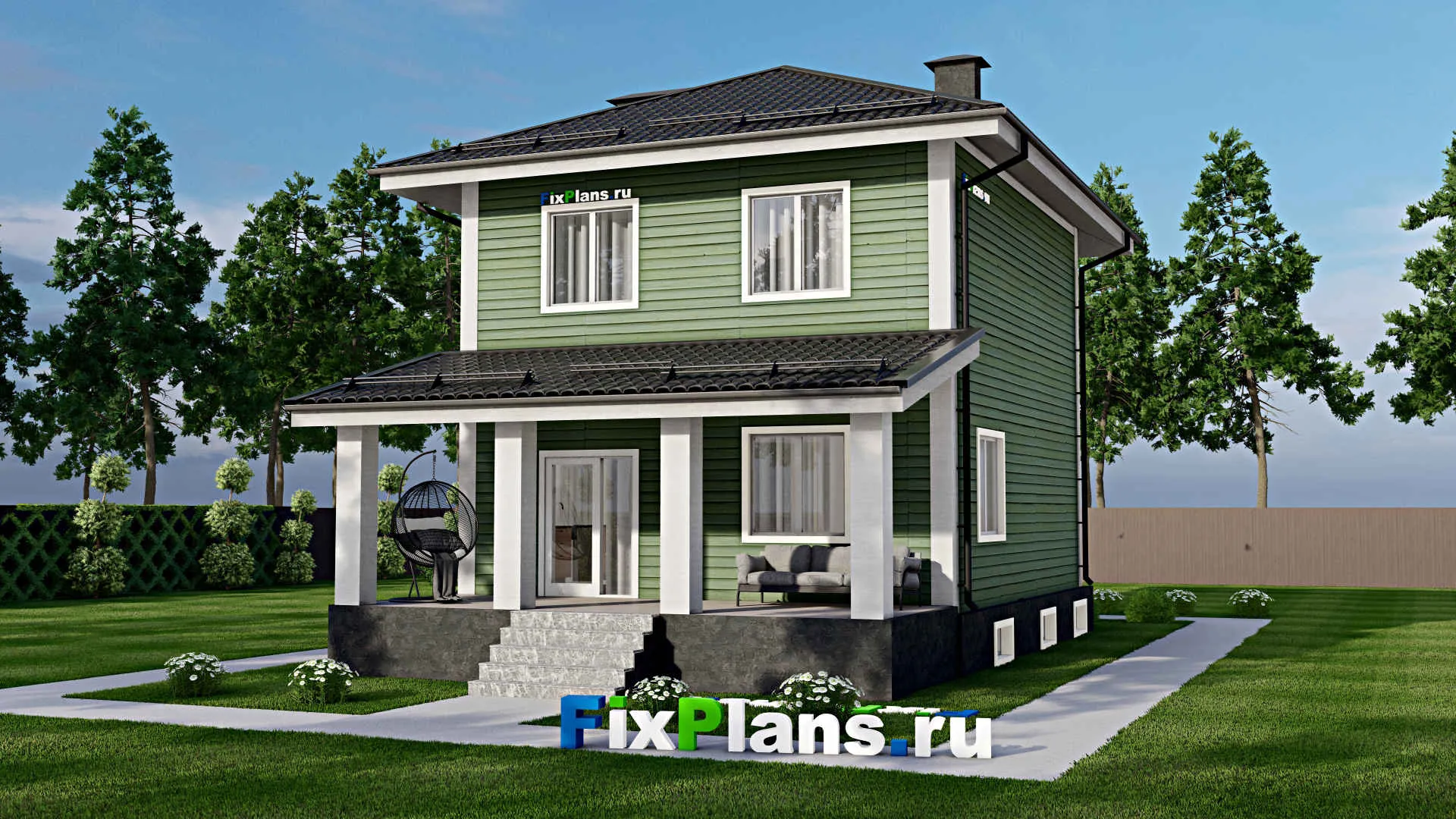 F-5336 - Проект двухэтажного дома 8 на 12, площадью 210 м² с террасой, цокольным этажом и 3 спальнями