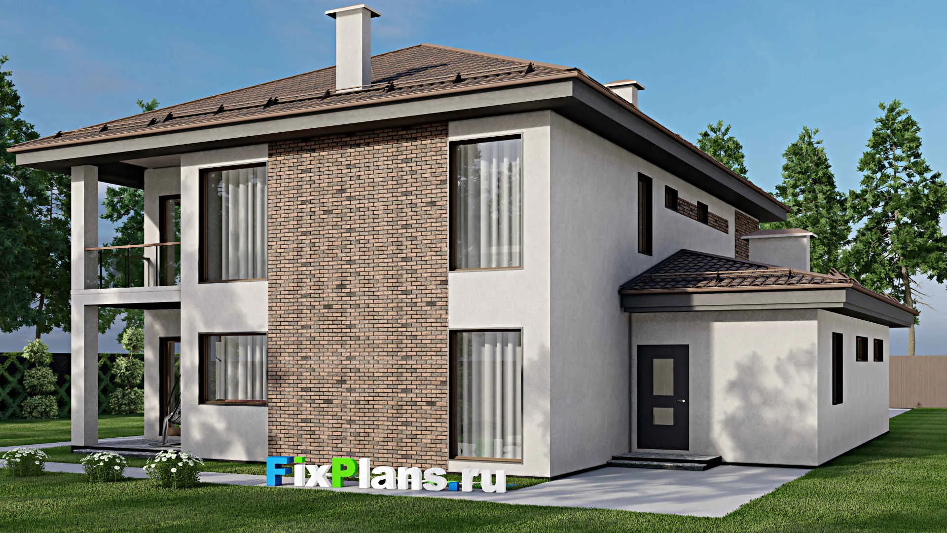 F-10277 - Проект двухэтажного дома 16 на 17, площадью 300 м² с террасой, балконом, баней, гаражом на 2 машины и 5 спальнями