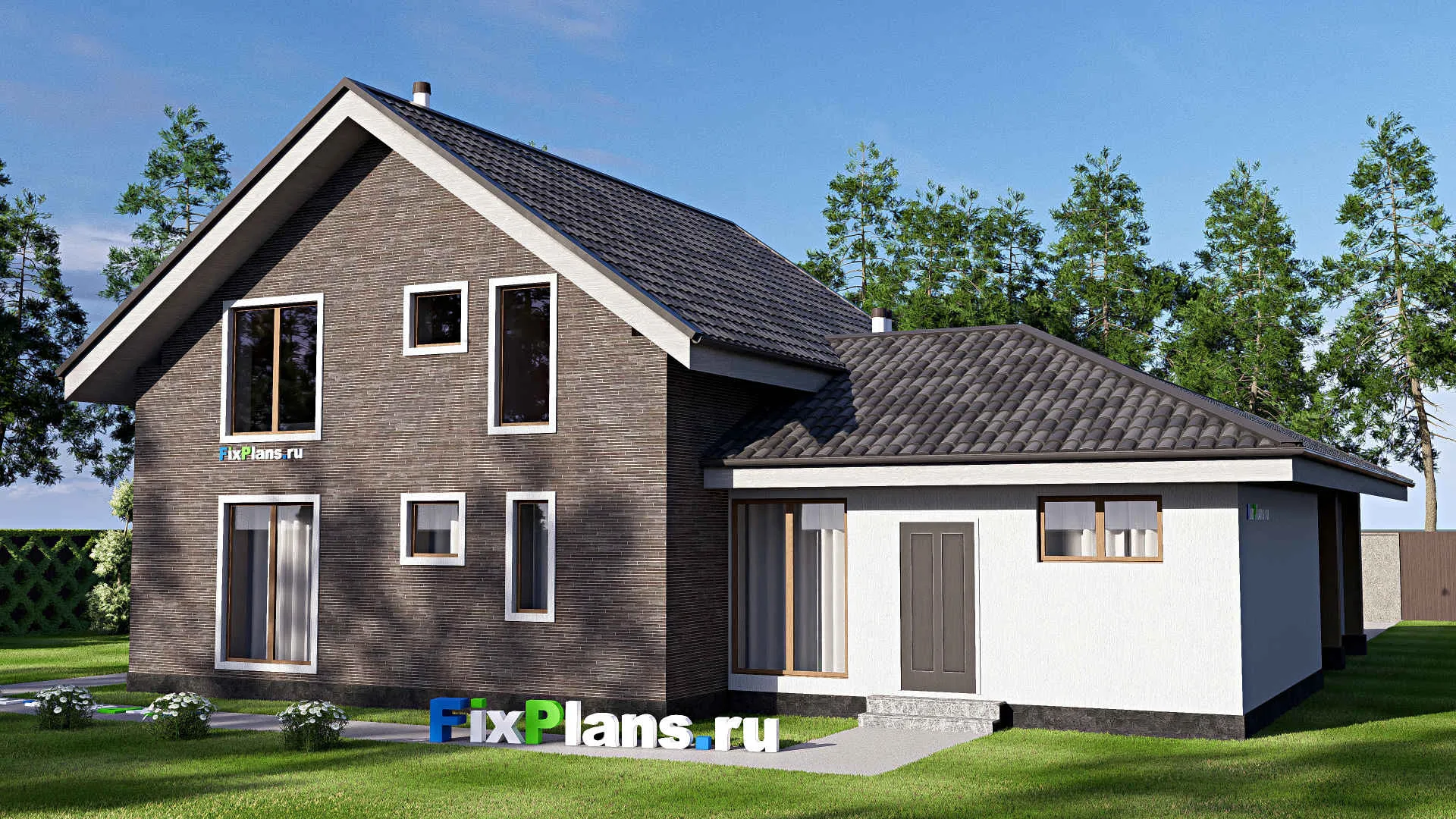 F-19286 - Проект дома с мансардой 16 на 16, площадью 140 м² с гаражом на 1 машину и 2 спальнями