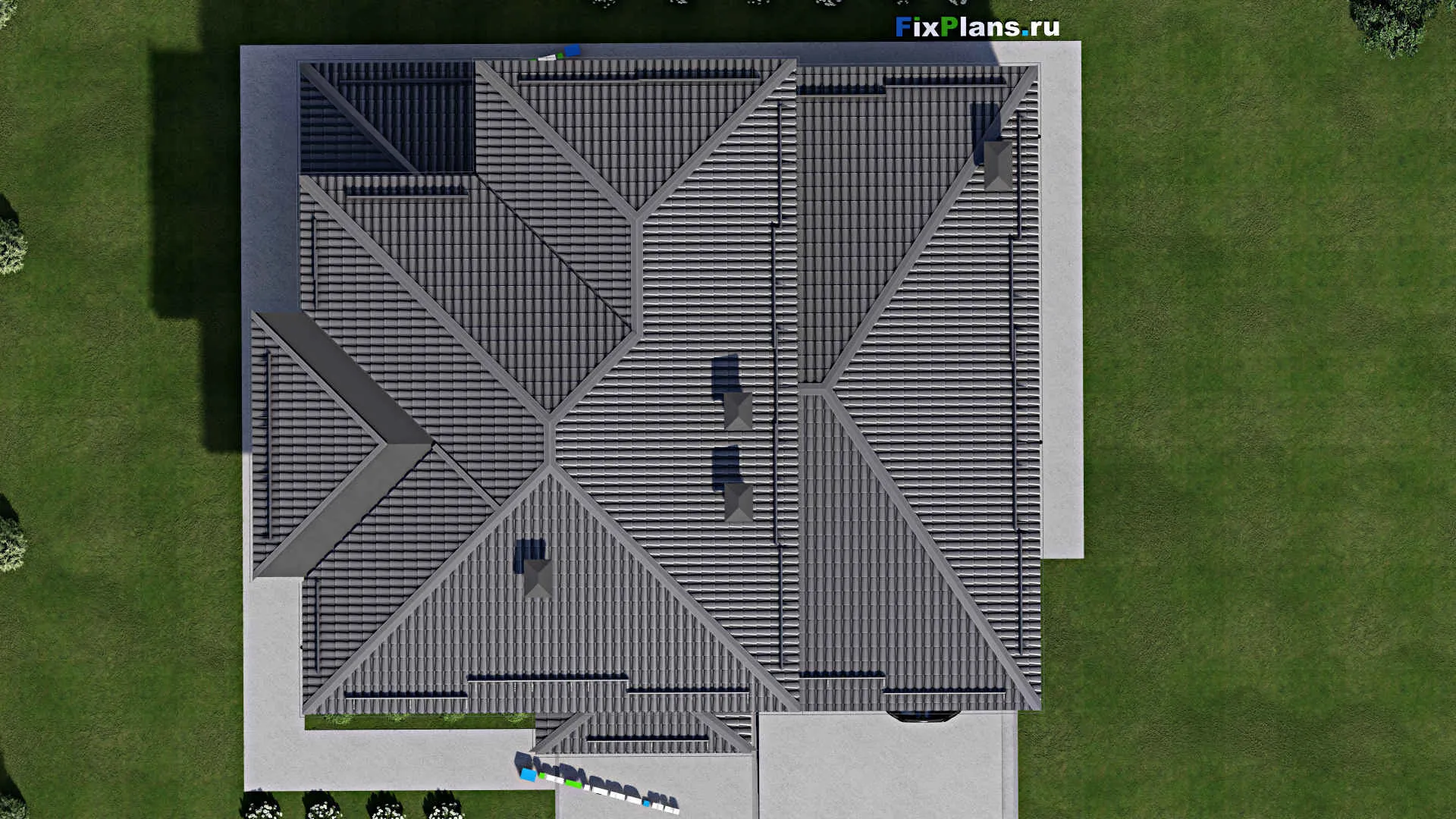 F-10205 - Проект двухэтажного дома 16 на 18, площадью 250 м² с террасой, баней, гаражом на 2 машины и 4 спальнями