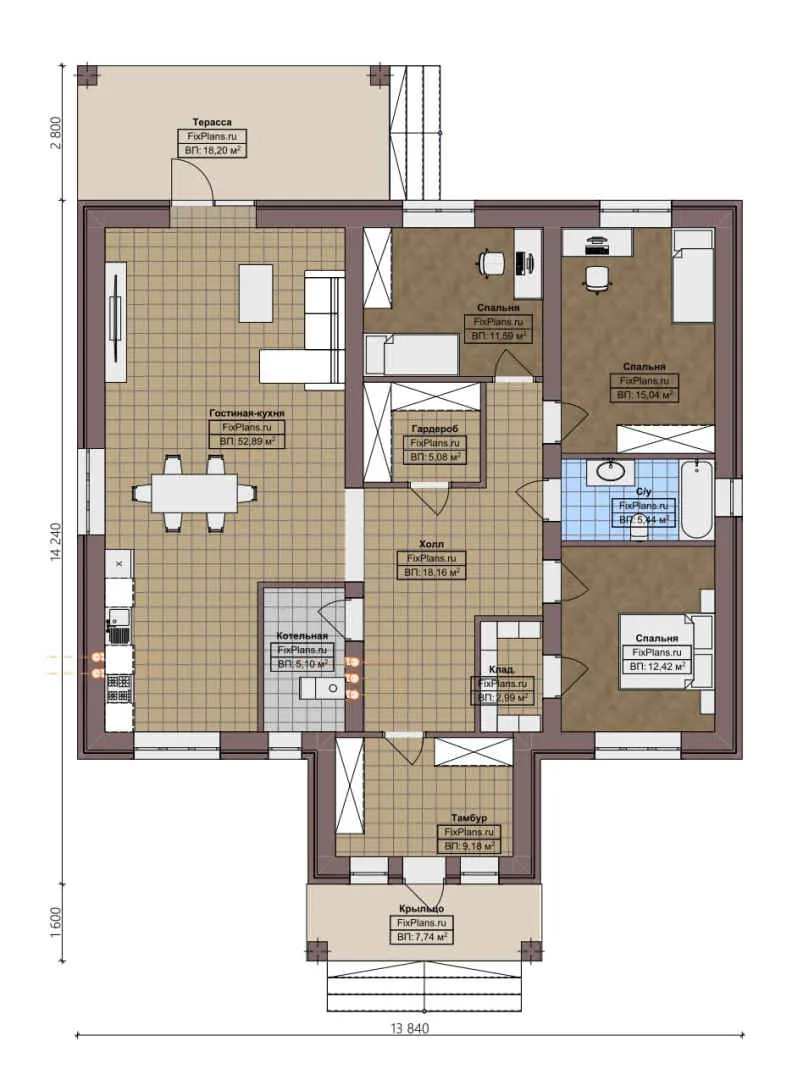 F-4121 - План одноэтажного дома 14 на 15, площадью 170 м² с террасой и 3 спальнями