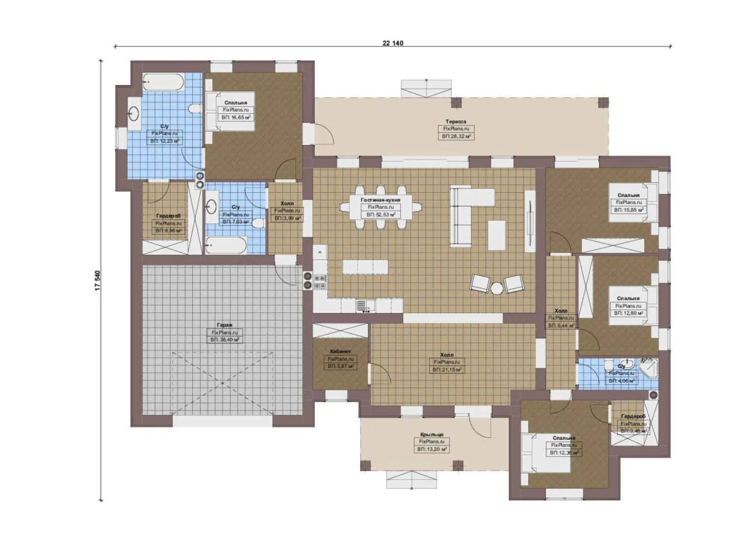 F-17126 - План одноэтажного дома 18 на 23, площадью 270 м² с террасой, гаражом на 2 машины и 4 спальнями