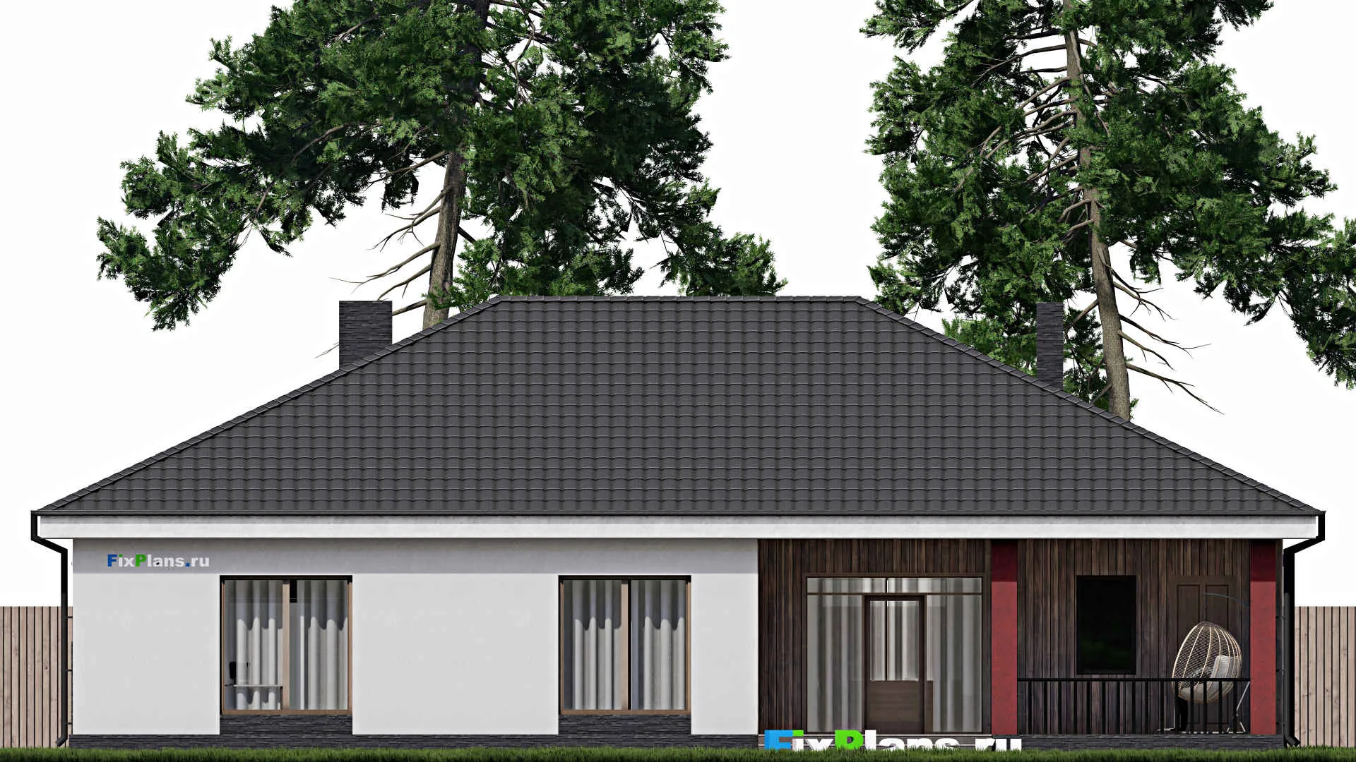 F-0296 - Проект одноэтажного дома 16 на 19, площадью 220 м² с террасой, гаражом на 2 машины и 2 спальнями