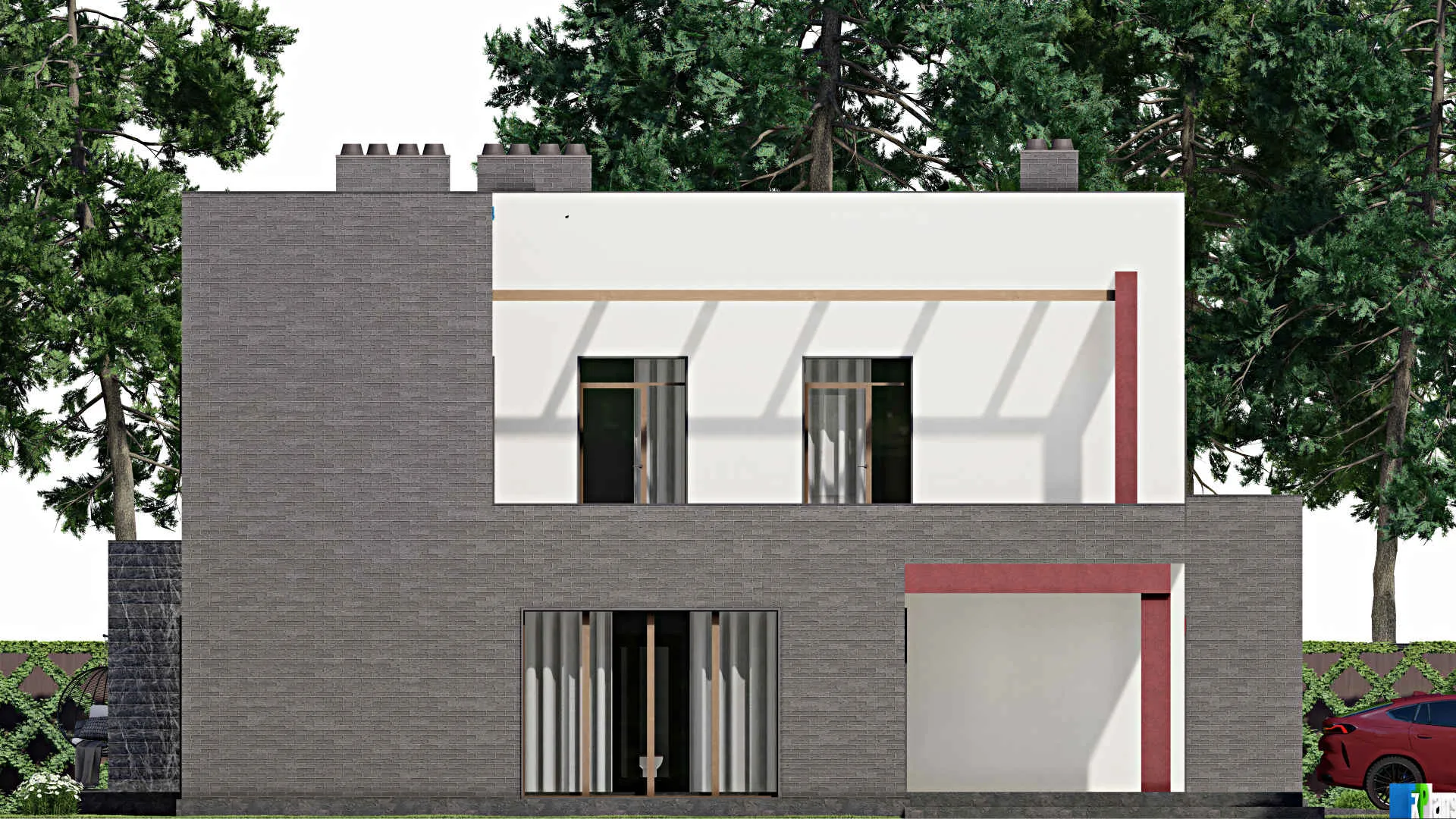 F-4985 - Проект двухэтажного дома 14 на 16, площадью 350 м² с террасой, балконом, баней, гаражом на 1 машину и 5 спальнями