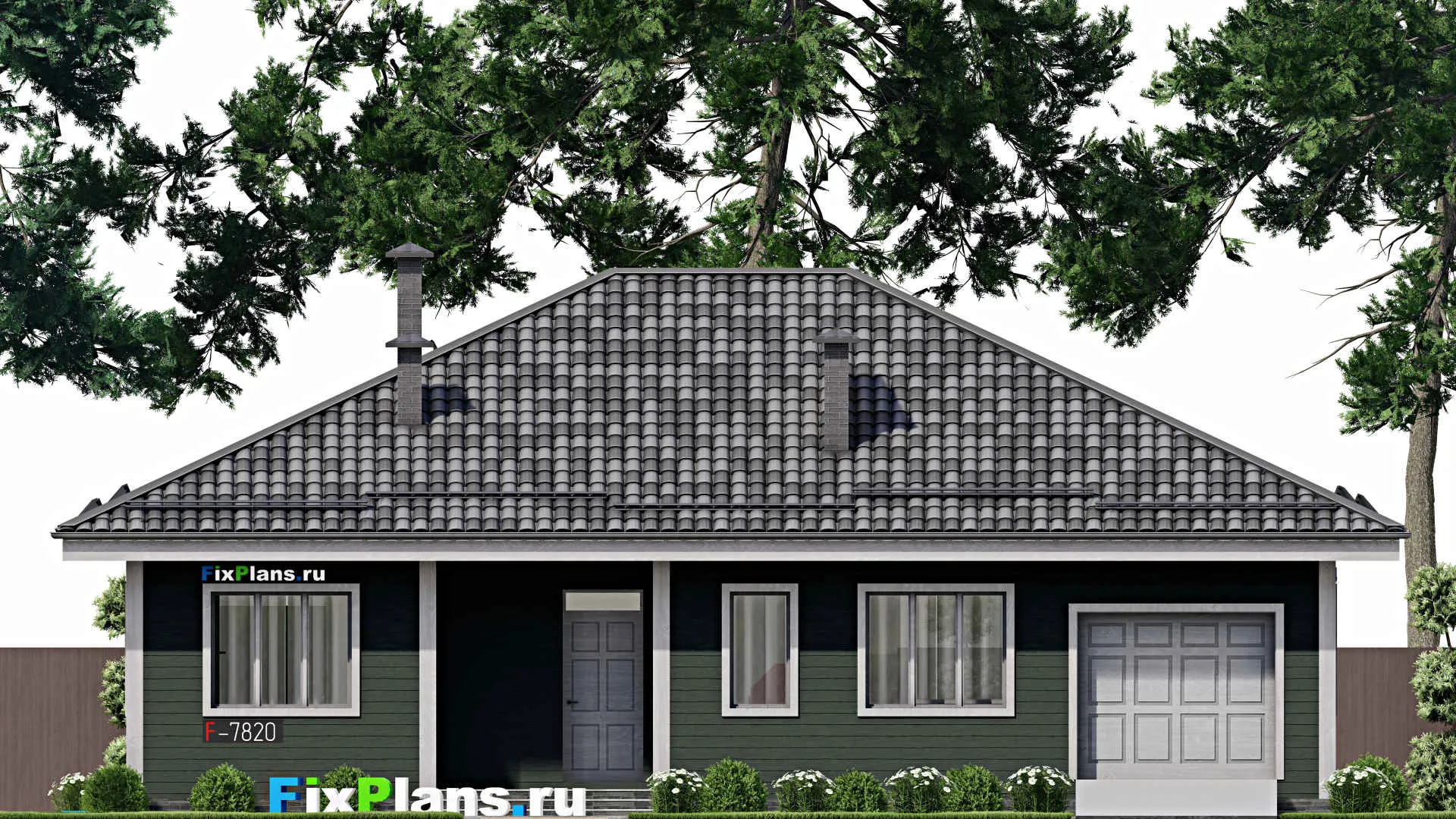 F-7820 - План одноэтажного дома 12 на 15, площадью 140 м² с гаражом на 1 машину и 3 спальнями