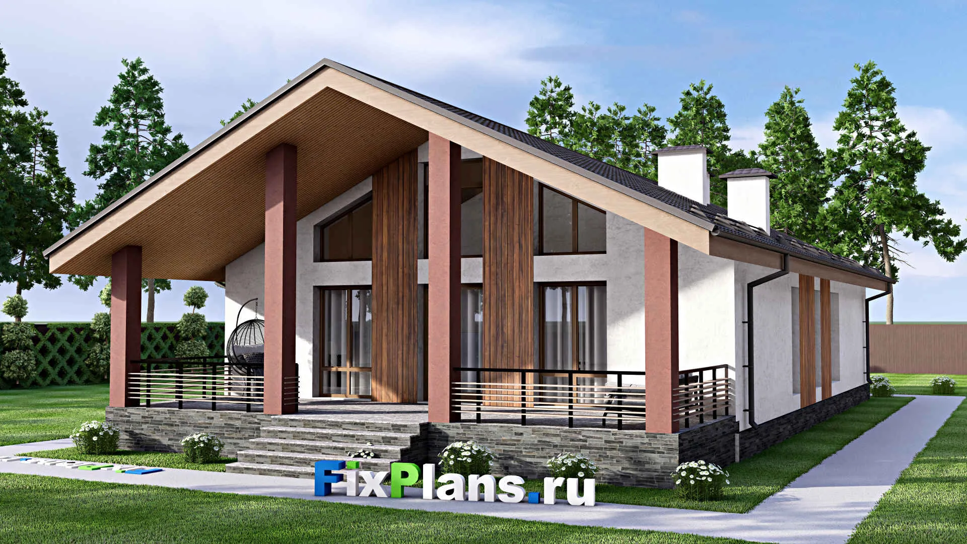 F-12554 - Проект одноэтажного дома 12 на 13, площадью 200 м² с террасой и 5 спальнями