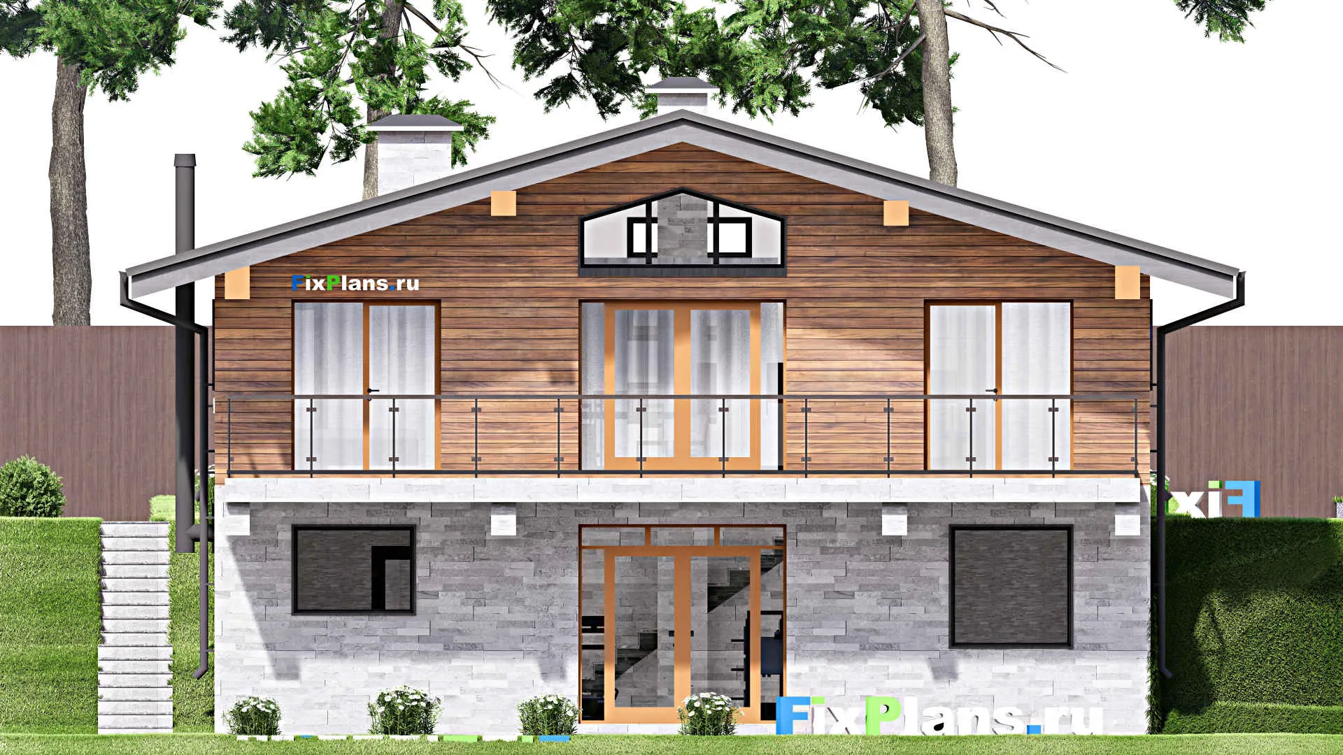 F-9827 - Проект одноэтажного дома 12 на 12, площадью 190 м² с террасой, цокольным этажом, баней, спортзалом и 1 спальнями