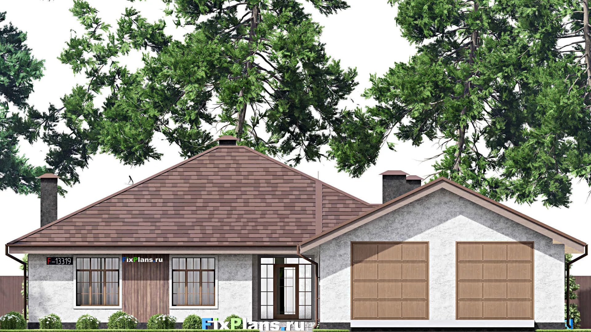 F-13319 - Проект одноэтажного дома 21 на 22, площадью 260 м² с террасой, гаражом на 2 машины и 3 спальнями