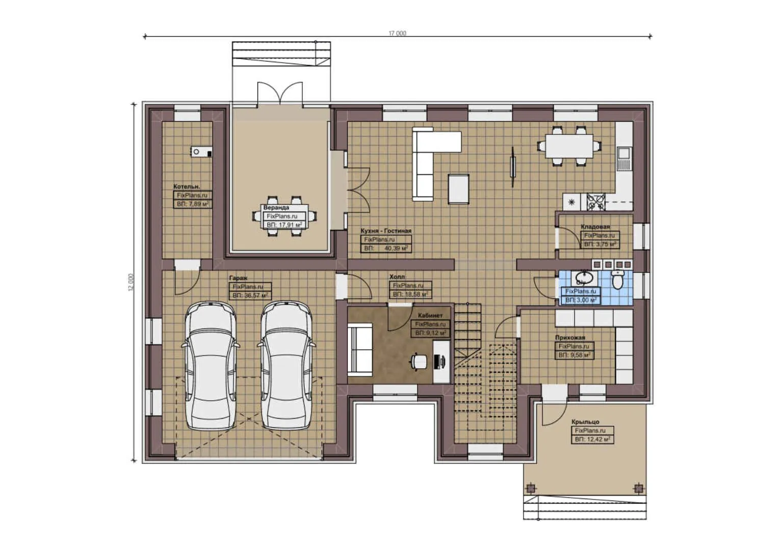 F-1772 - Планы двухэтажного дома 12 на 17, площадью 240 м² с террасой, гаражом на 2 машины и 4 спальнями