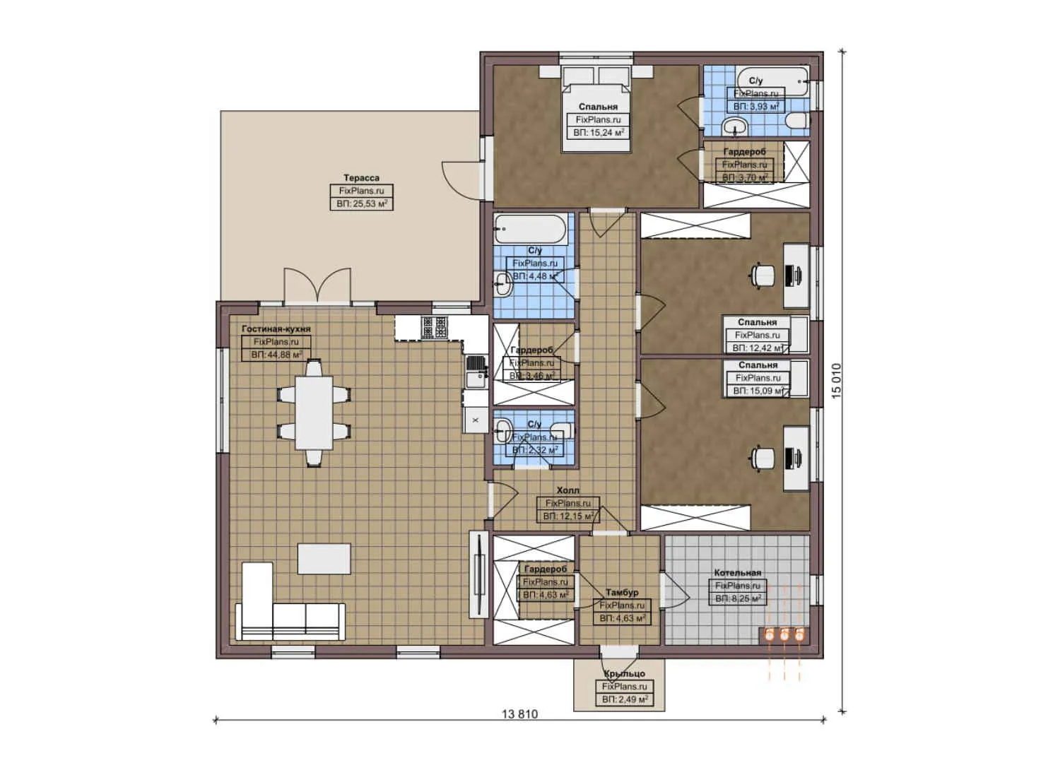 F-7190 - План одноэтажного дома 14 на 16, площадью 170 м² с террасой и 3 спальнями