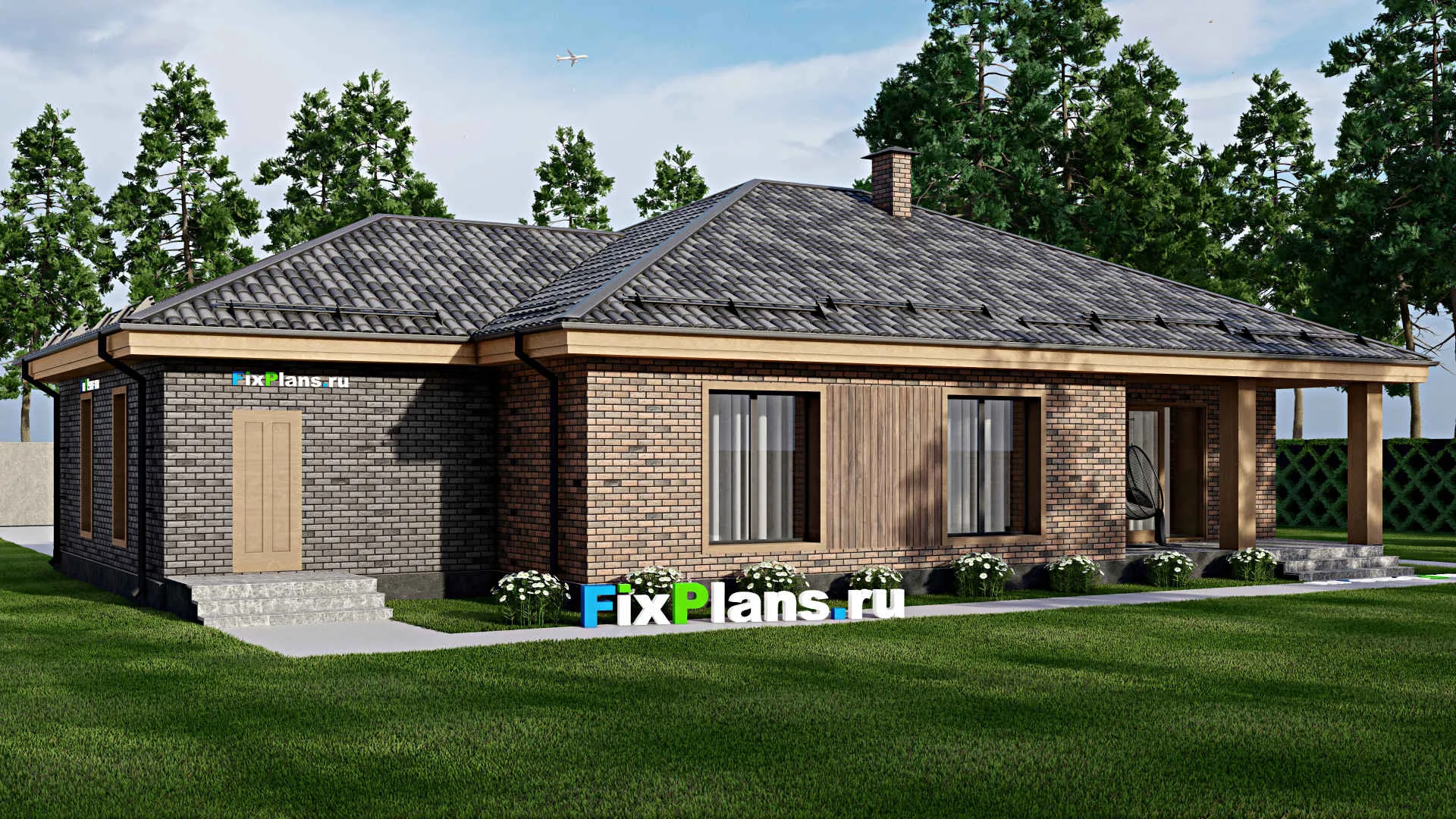 F-8657 - Проект одноэтажного дома 14 на 20, площадью 190 м² с террасой, гаражом на 1 машину и 3 спальнями