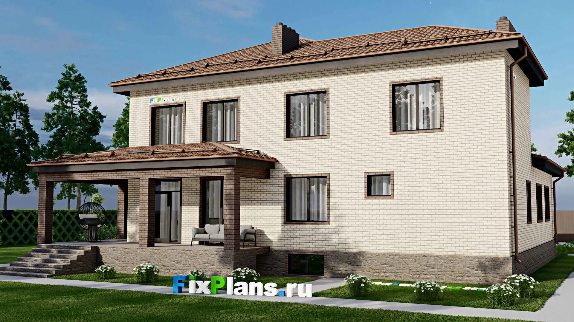 F-3086 - Планы двухэтажного дома 17 на 18, площадью 410 м² с террасой, цокольным этажом, баней, гаражом на 1 машину и 5 спальнями