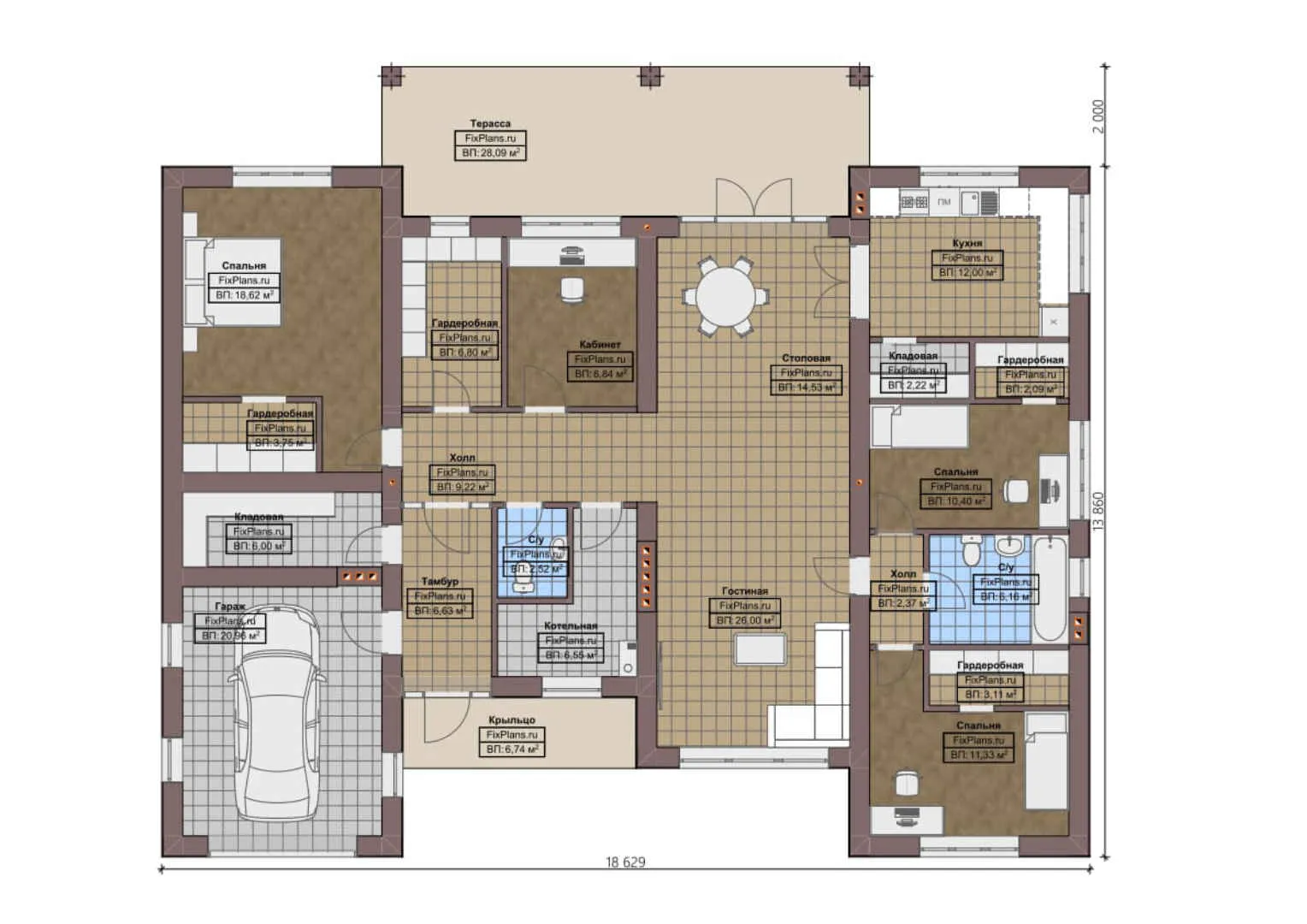 F-1079 - План одноэтажного дома 14 на 19, площадью 220 м² с террасой, гаражом на 1 машину и 3 спальнями