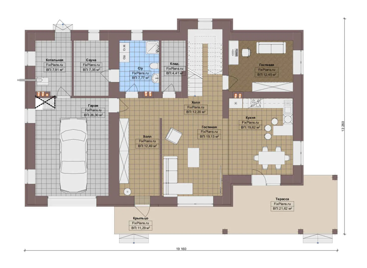 F-14633 - Планы двухэтажного дома 14 на 20, площадью 250 м² с террасой, баней, гаражом на 1 машину и 4 спальнями