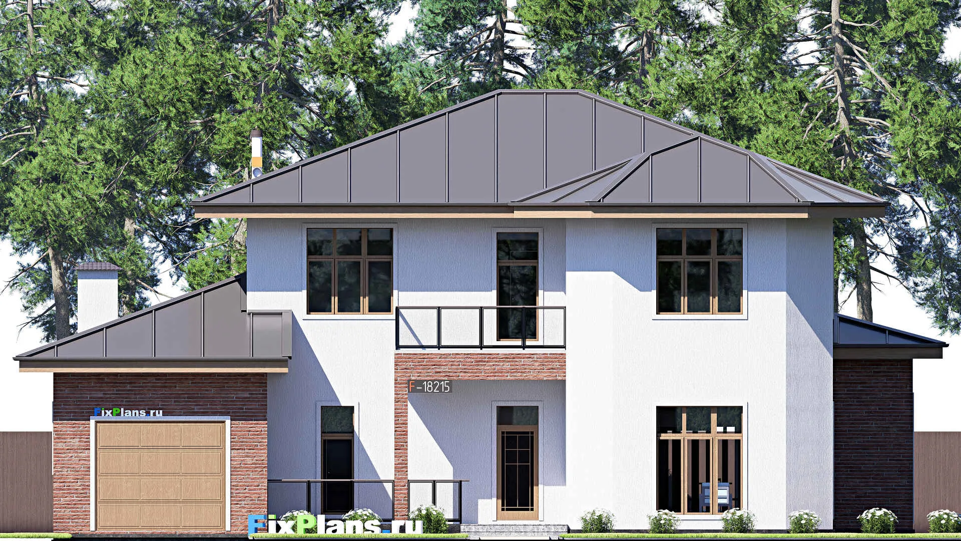 F-18215 - Проект двухэтажного дома 19 на 20, площадью 360 м² с террасой, балконом, гаражом на 1 машину и 5 спальнями