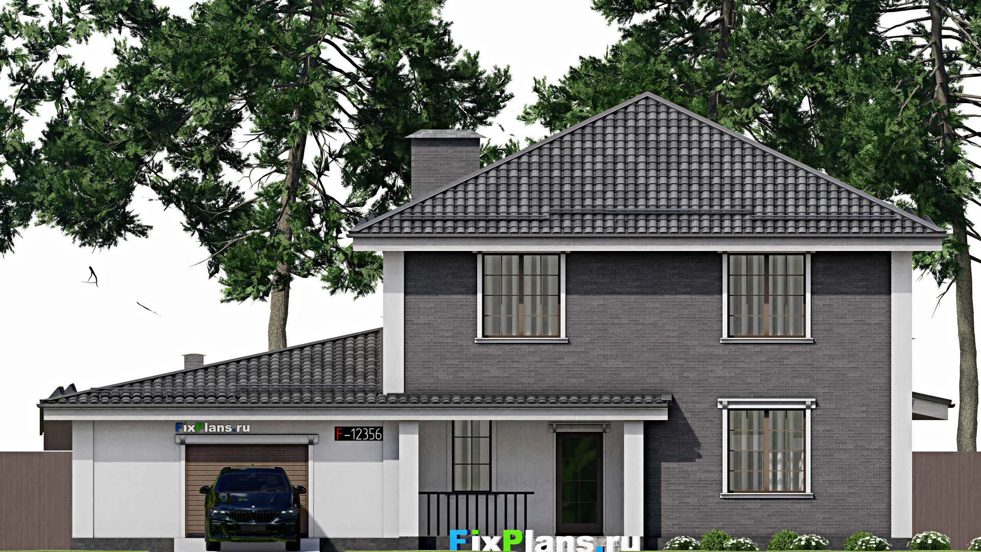 F-12356 - Планы двухэтажного дома 18 на 19, площадью 320 м² с террасой, гаражом на 2 машины и 3 спальнями