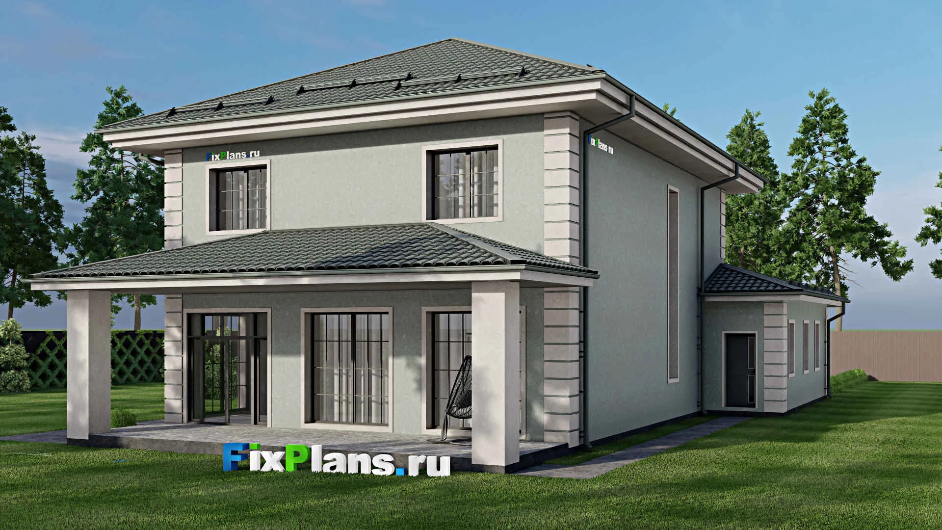 F-2258 - Проект двухэтажного дома 13 на 20, площадью 240 м² с террасой, гаражом на 2 машины и 3 спальнями