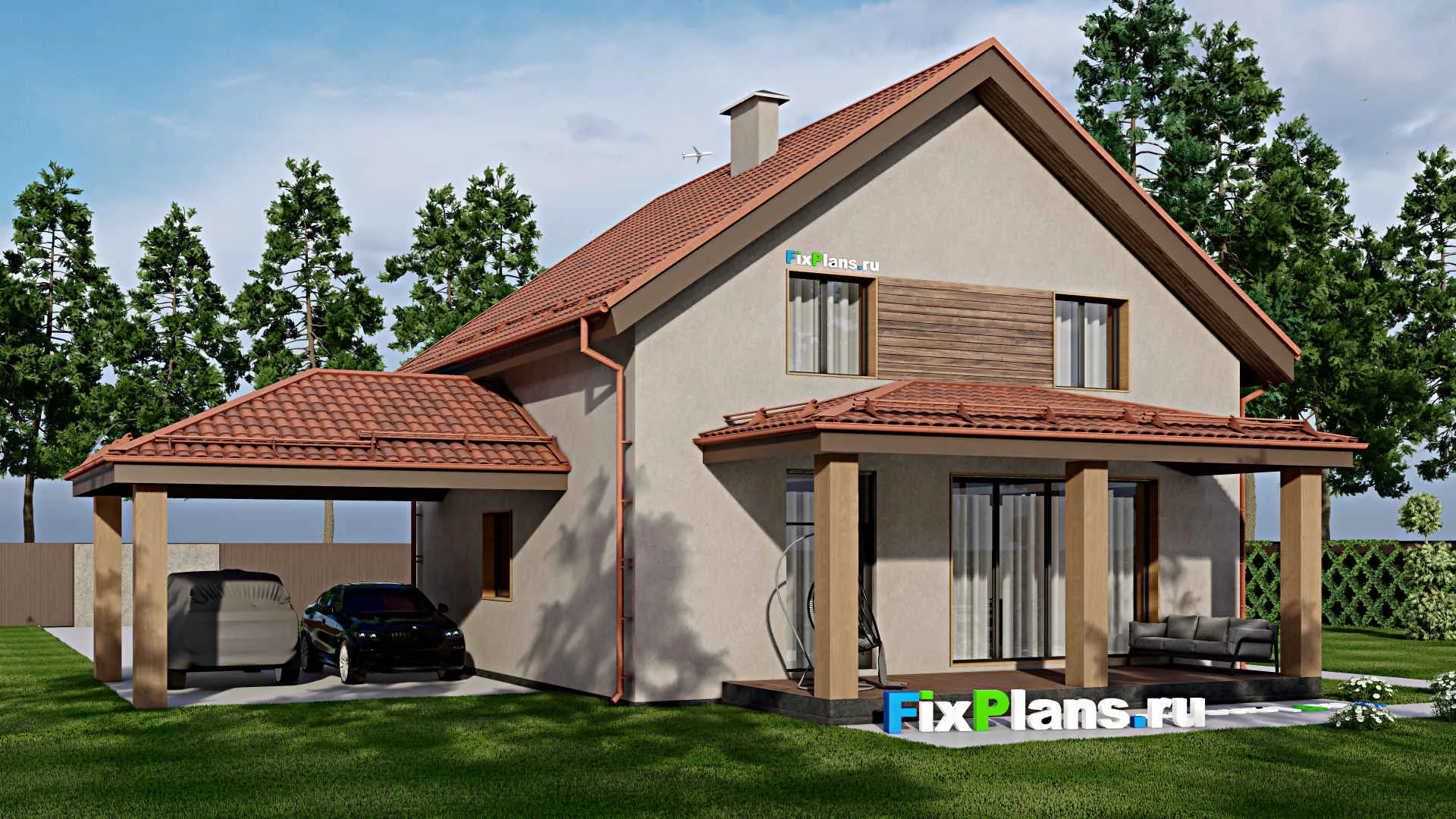 F-8252 - Проект дома с мансардой 11 на 11, площадью 250 м² с террасой, навесом для машины и 5 спальнями