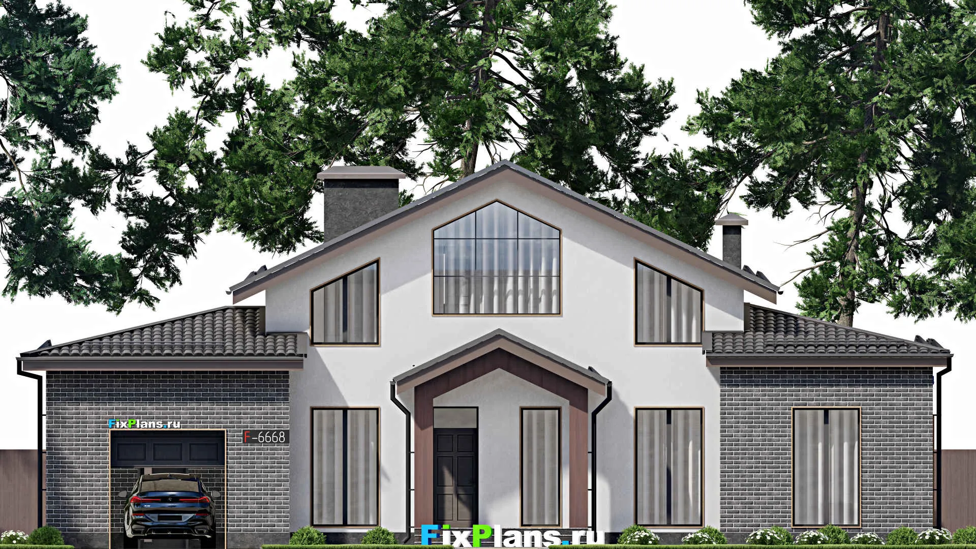 F-6668 - Проект дома с мансардой 17 на 19, площадью 310 м² с террасой, гаражом на 1 машину и 3 спальнями