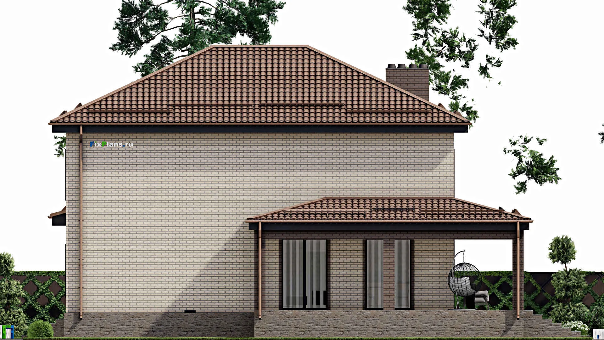 F-3086 - Планы двухэтажного дома 17 на 18, площадью 410 м² с террасой, цокольным этажом, баней, гаражом на 1 машину и 5 спальнями