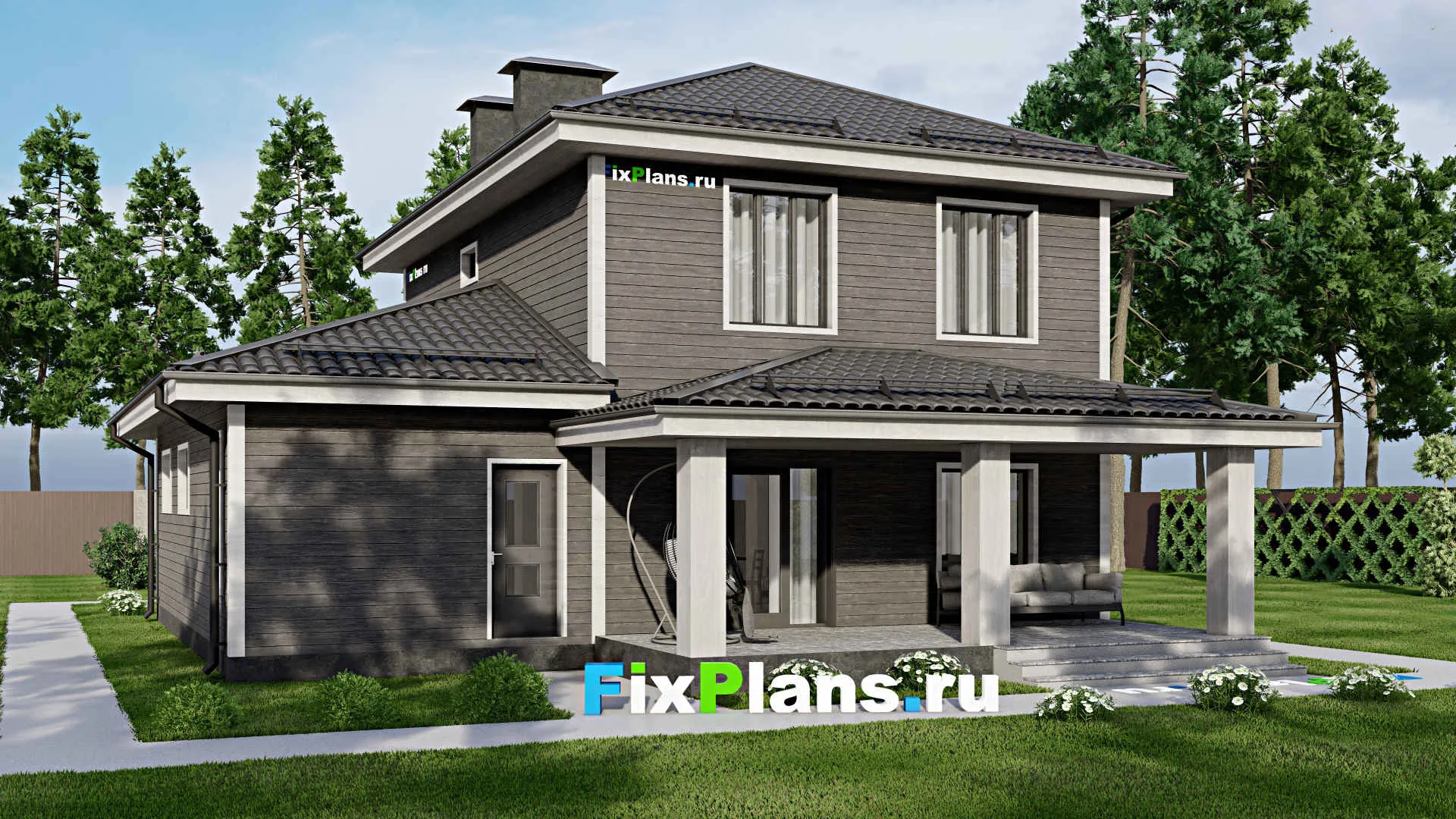 F-3554 - Планы двухэтажного дома 12 на 13, площадью 190 м² с террасой, гаражом на 2 машины и 5 спальнями