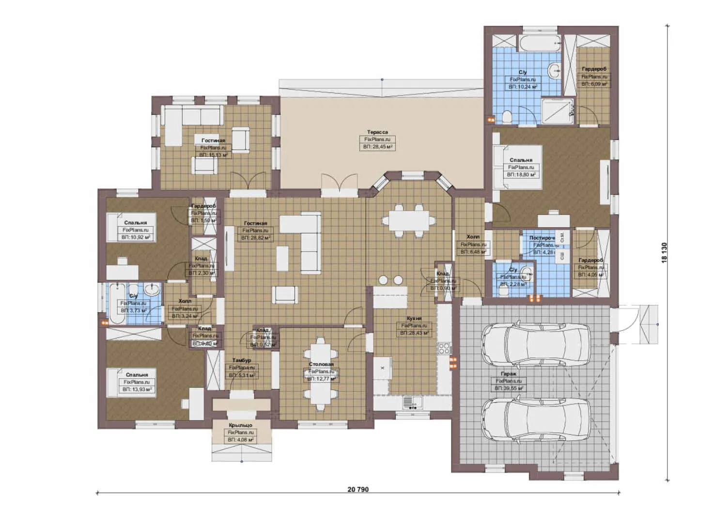 F-16937 - План одноэтажного дома 19 на 21, площадью 260 м² с террасой, гаражом на 2 машины и 3 спальнями