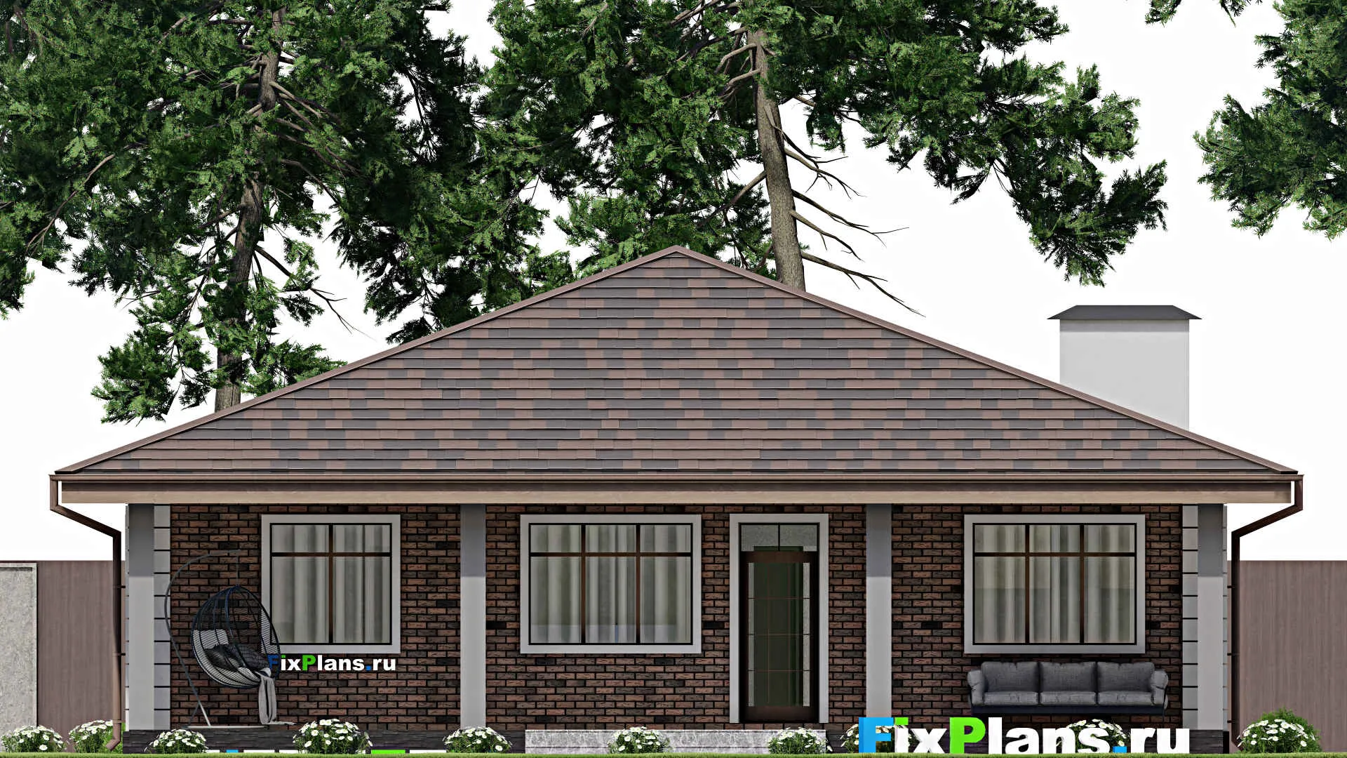 F-12140 - Проект одноэтажного дома 14 на 14, площадью 150 м² с террасой и 3 спальнями