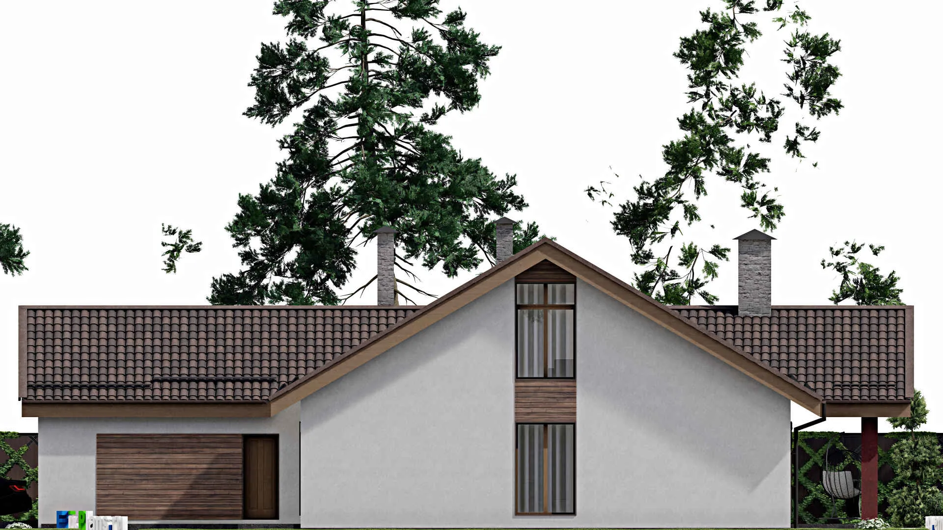 F-7172 - Проект дома с мансардой 14 на 19, площадью 330 м² с террасой, гаражом на 2 машины и 3 спальнями
