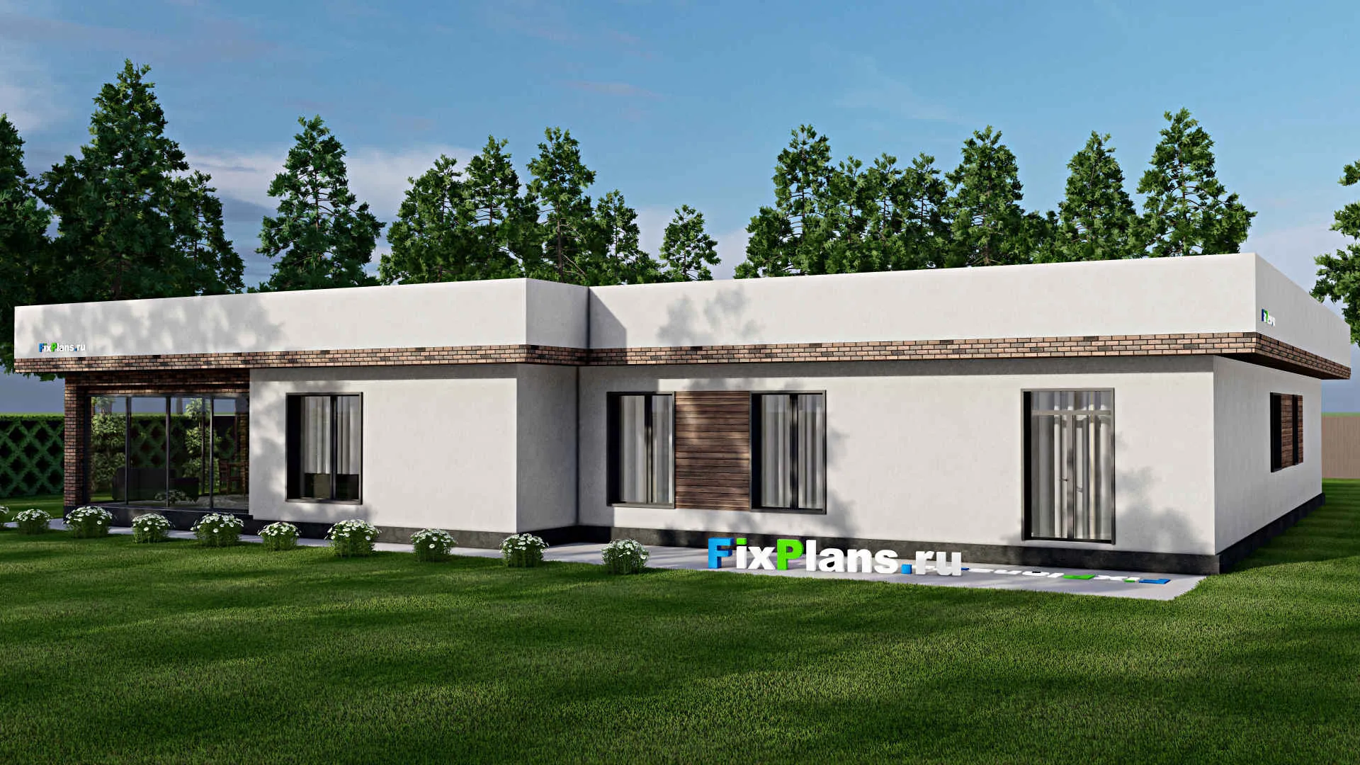 F-8333 - Проект одноэтажного дома 22 на 25, площадью 300 м² с террасой, баней, гаражом на 2 машины и 2 спальнями