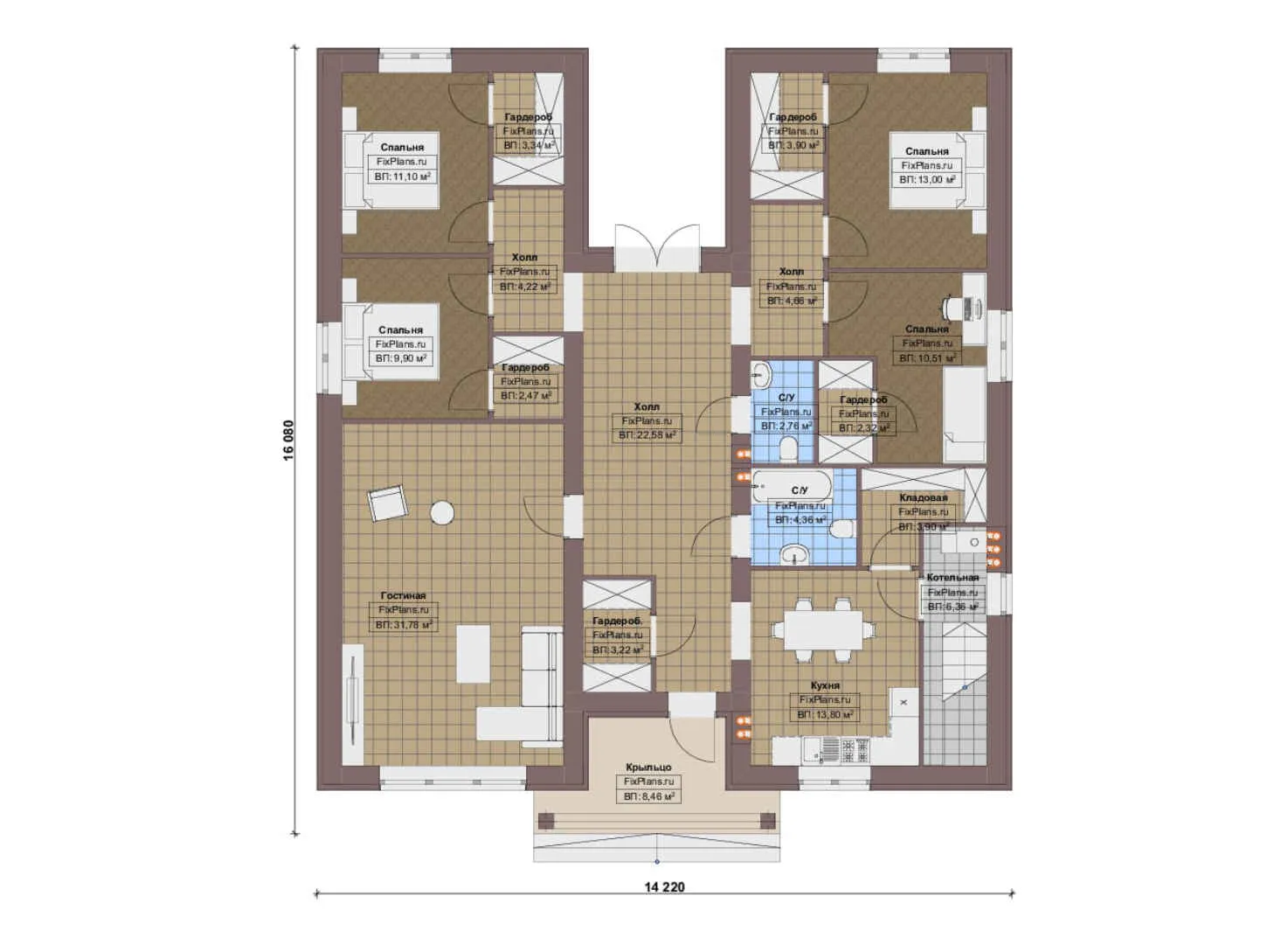 F-20510 - План одноэтажного дома 15 на 17, площадью 170 м² с 4 спальнями